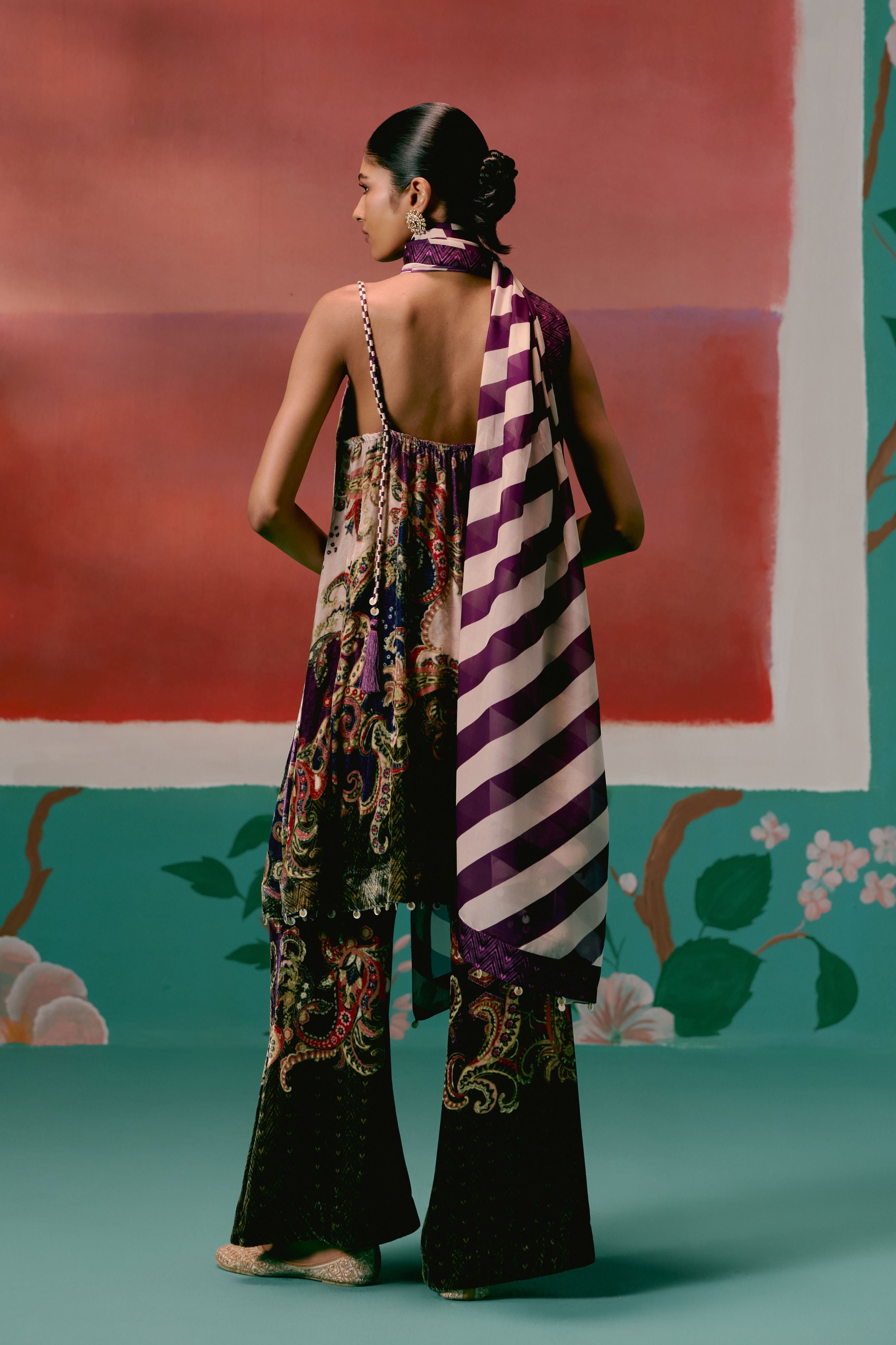 Olive And Purple Paisley Kurta Set With Dupatta