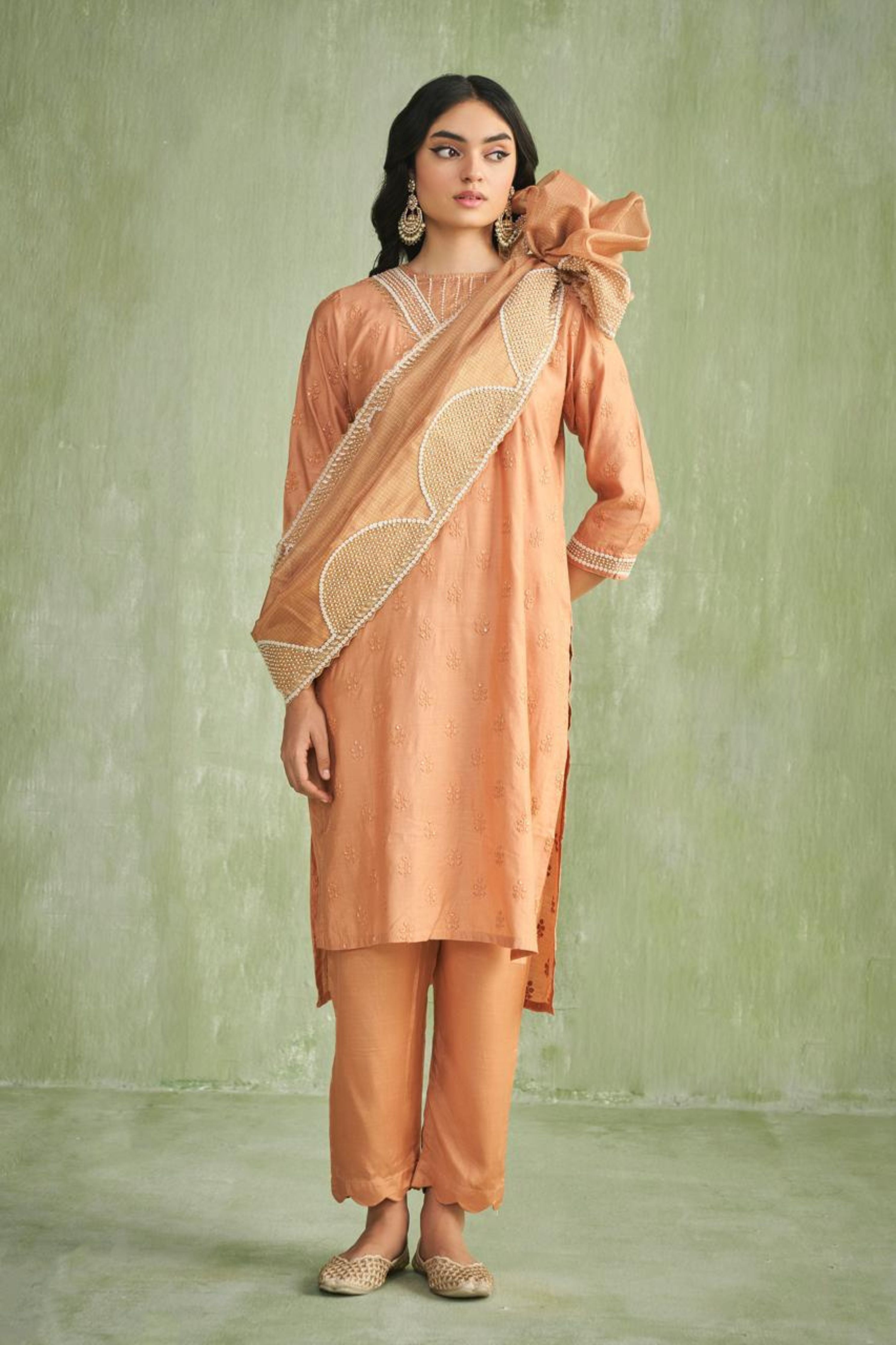 Orange Moti Patta Kurta Set