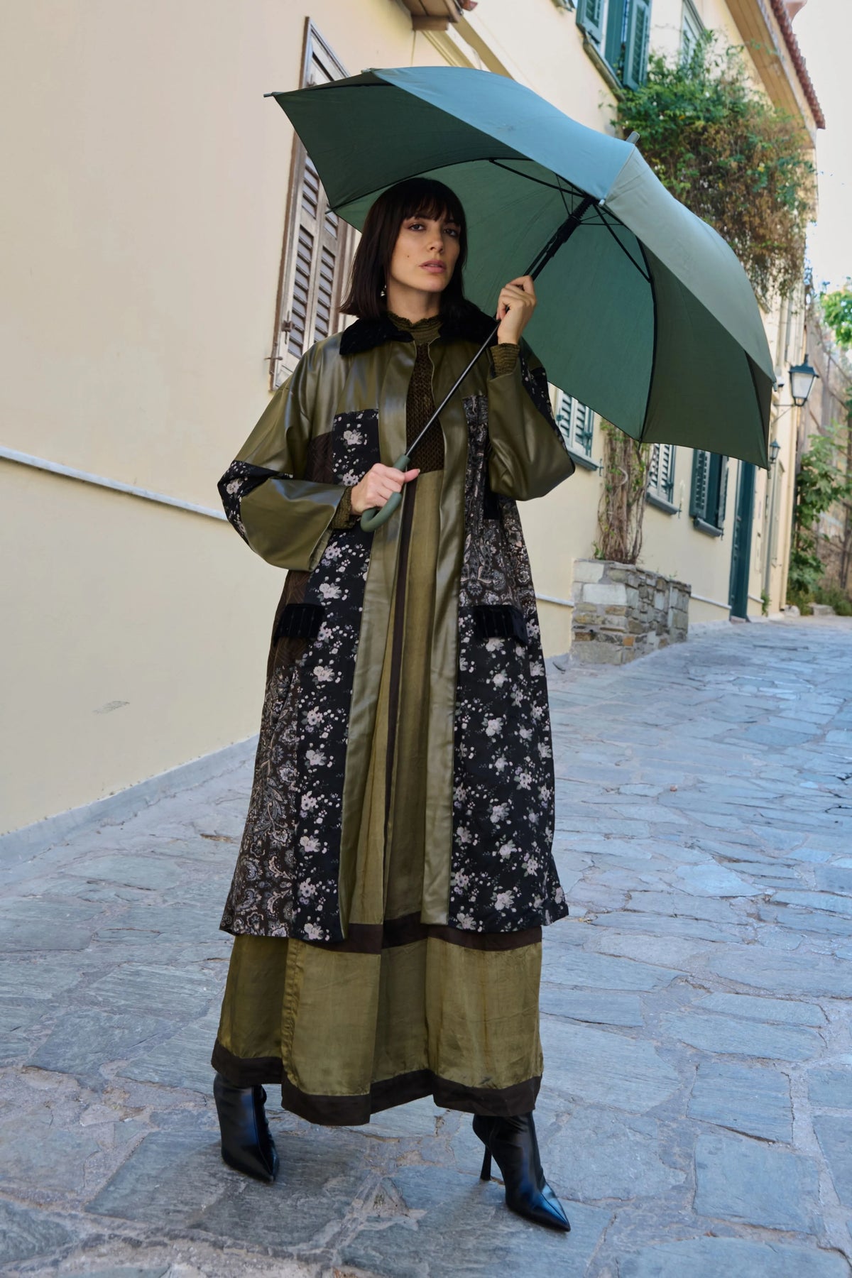 Olive & Black Printed Embroidered Trench