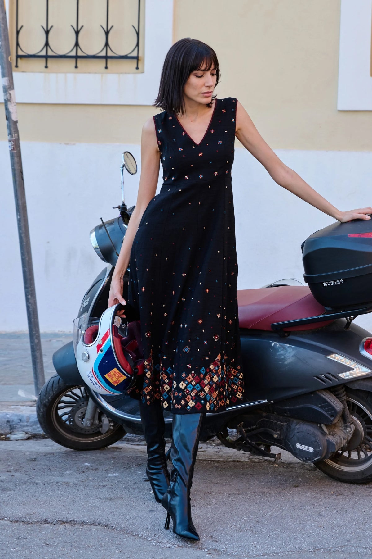 Black Textured X-Stitch Midi Dress