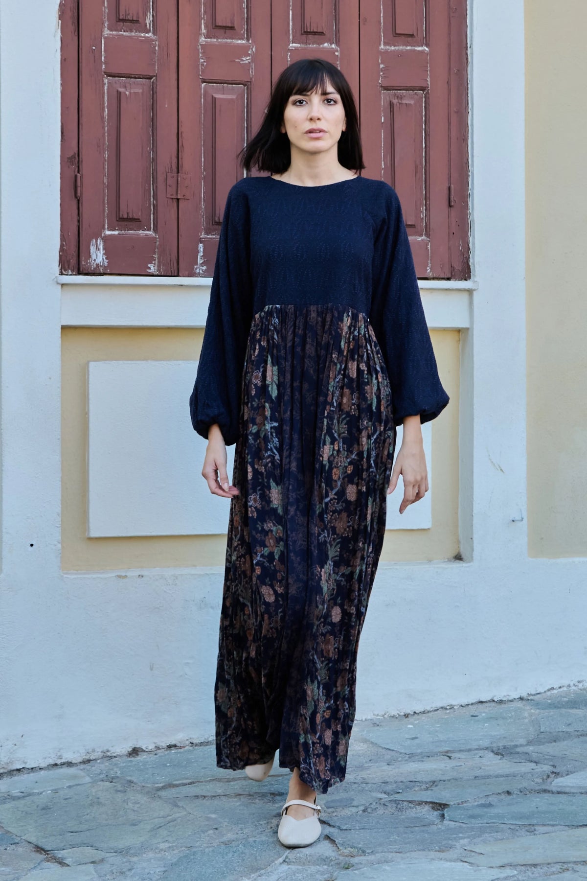 Blue Textured Chintz Panel Dress
