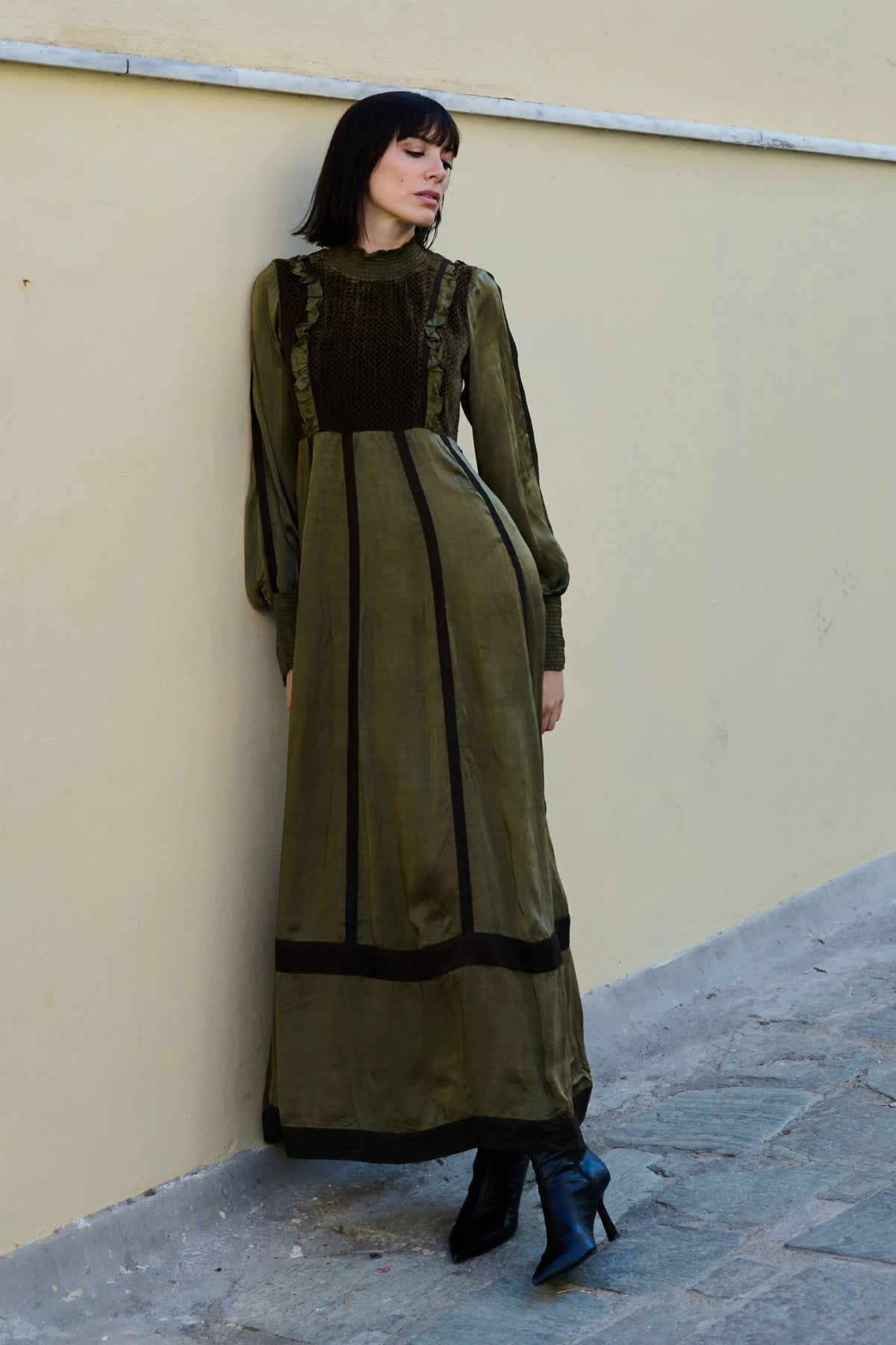 Olive Satin Velvet-Bodice Dress