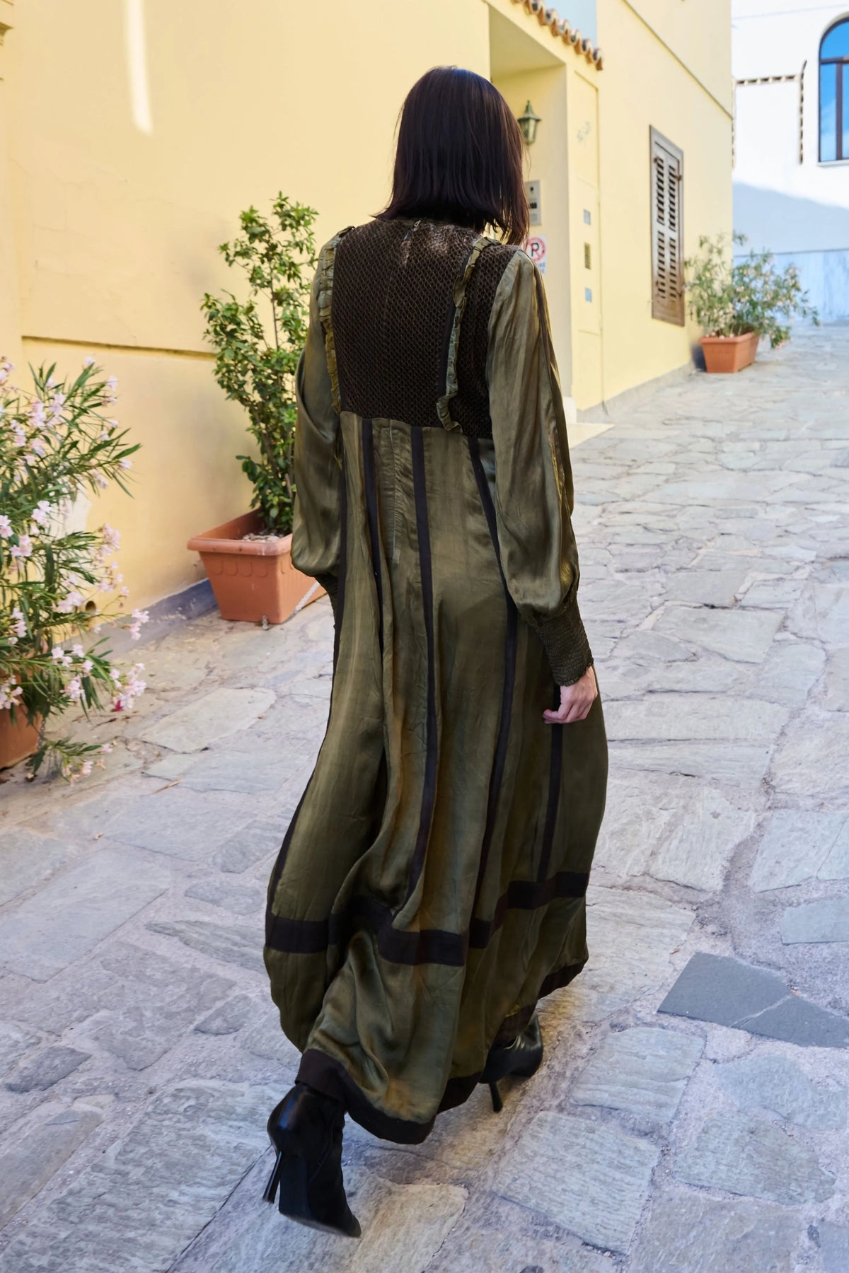 Olive Satin Velvet-Bodice Dress