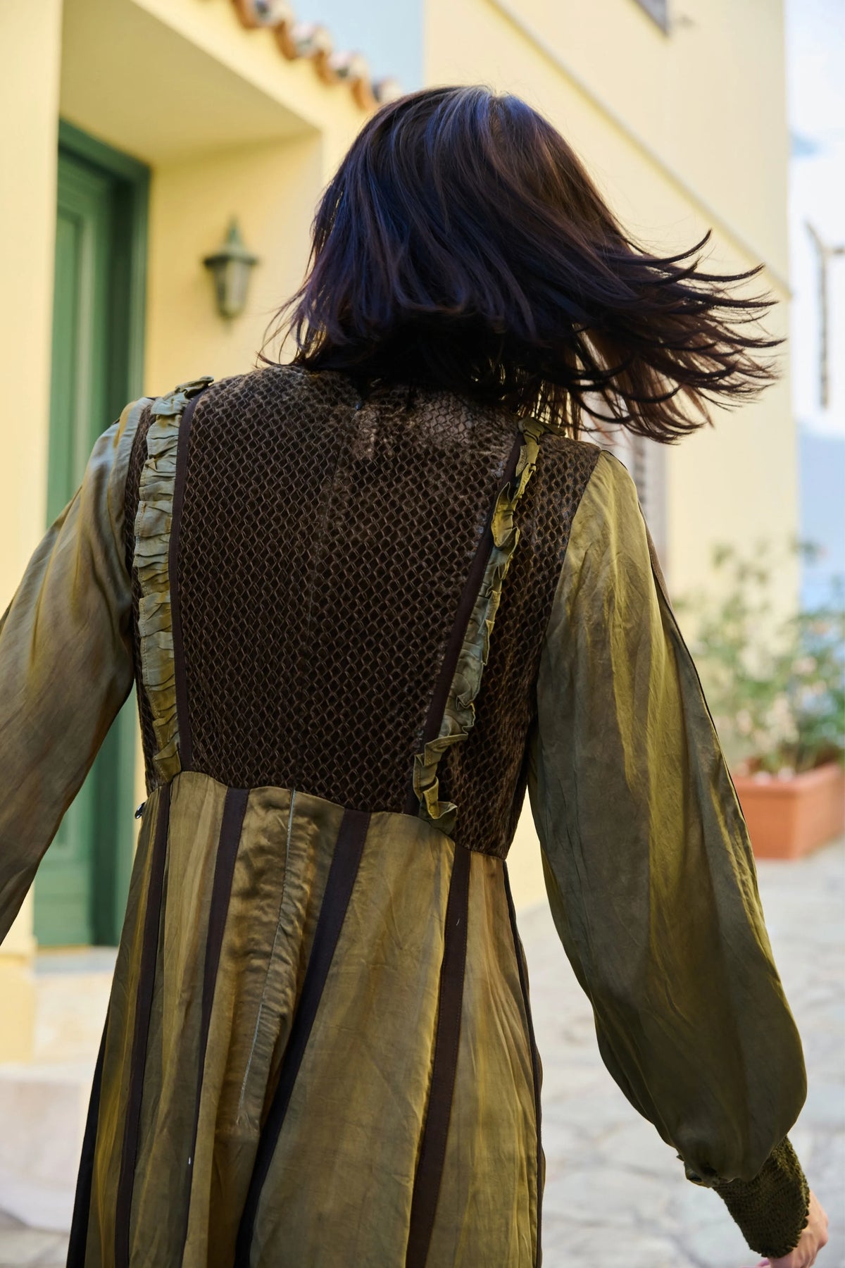 Olive Satin Velvet-Bodice Dress