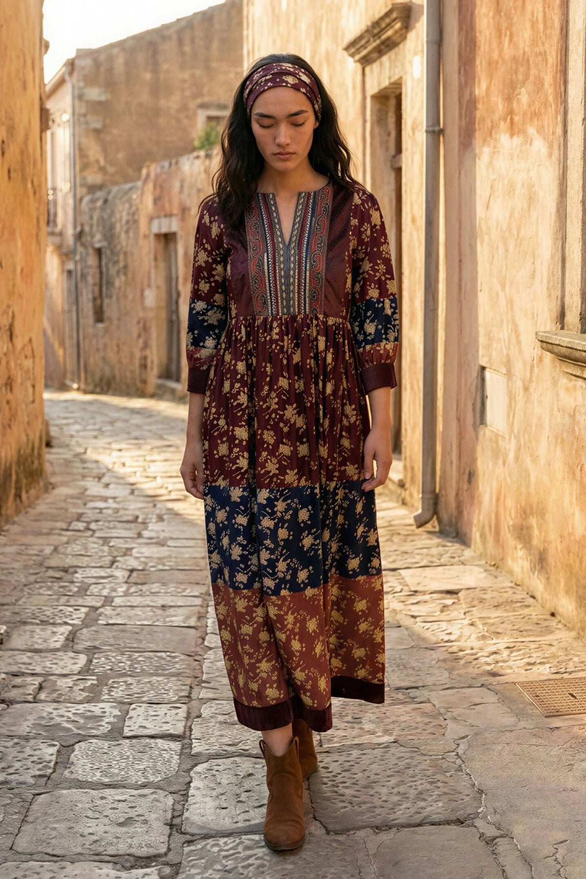 Multicolor Floral Printed Embroidered Dress