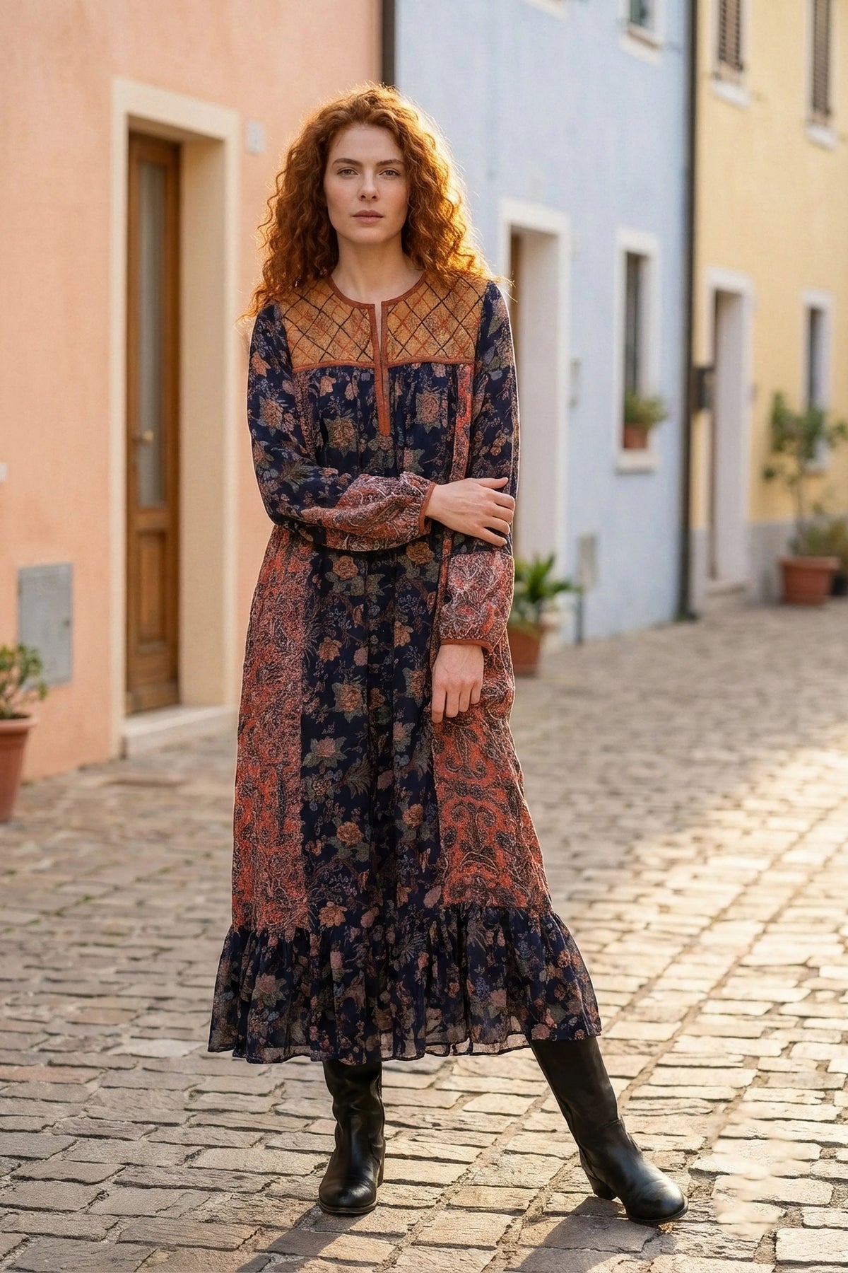 Navy & Rust Chintz Printed Midi Dress