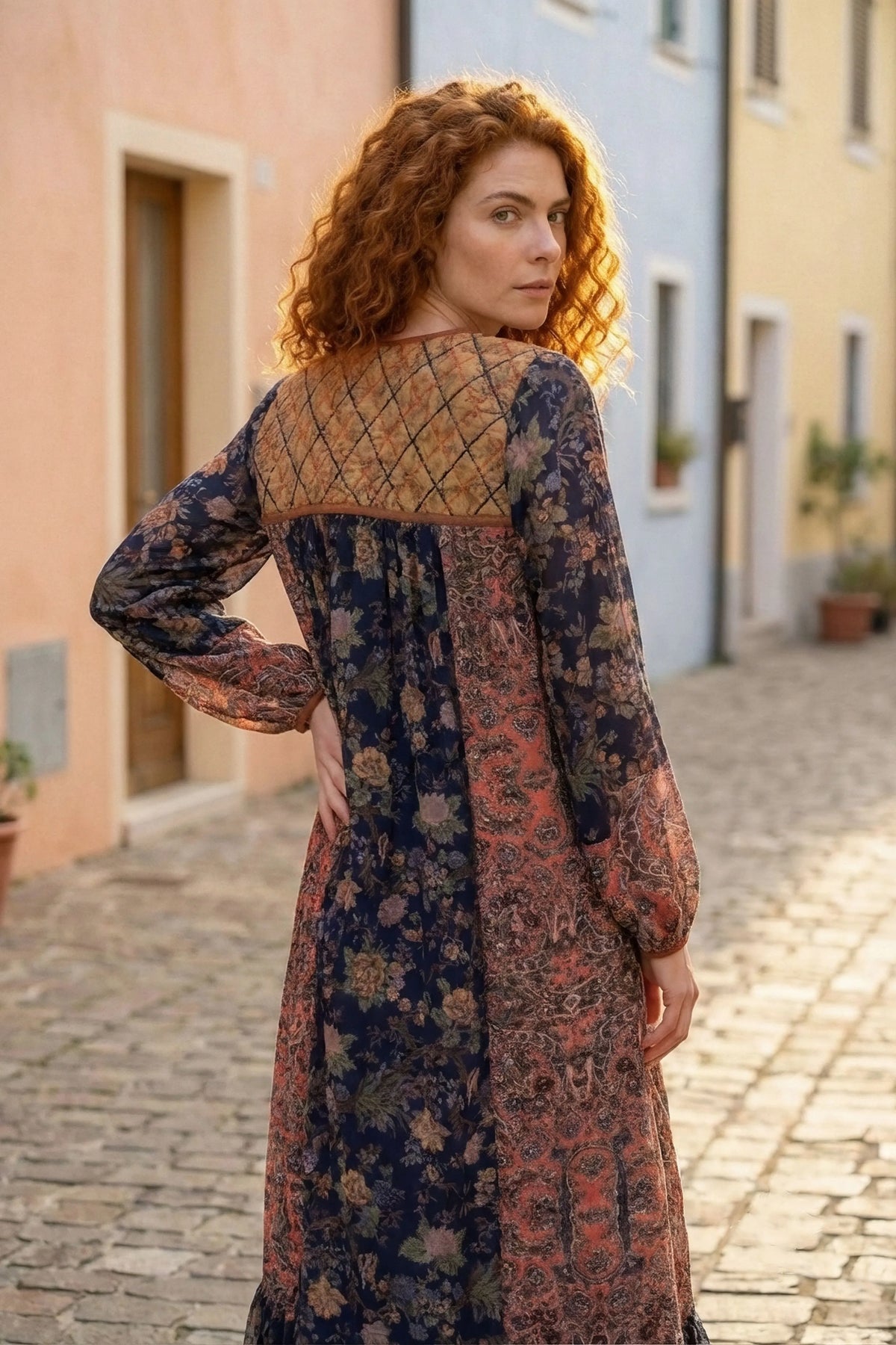 Navy & Rust Chintz Printed Midi Dress