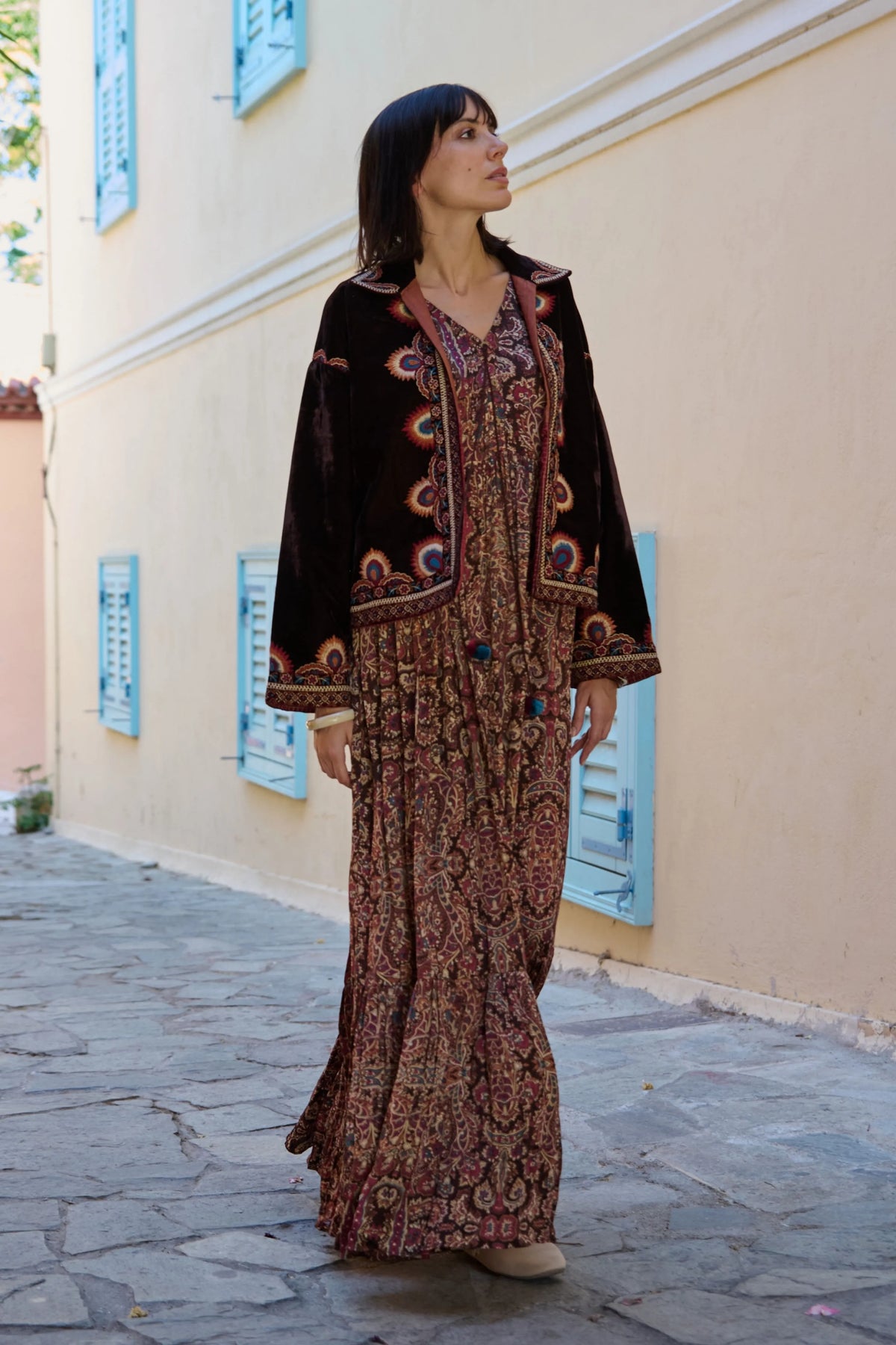 Brown Paisley Printed Satin Midi Dress