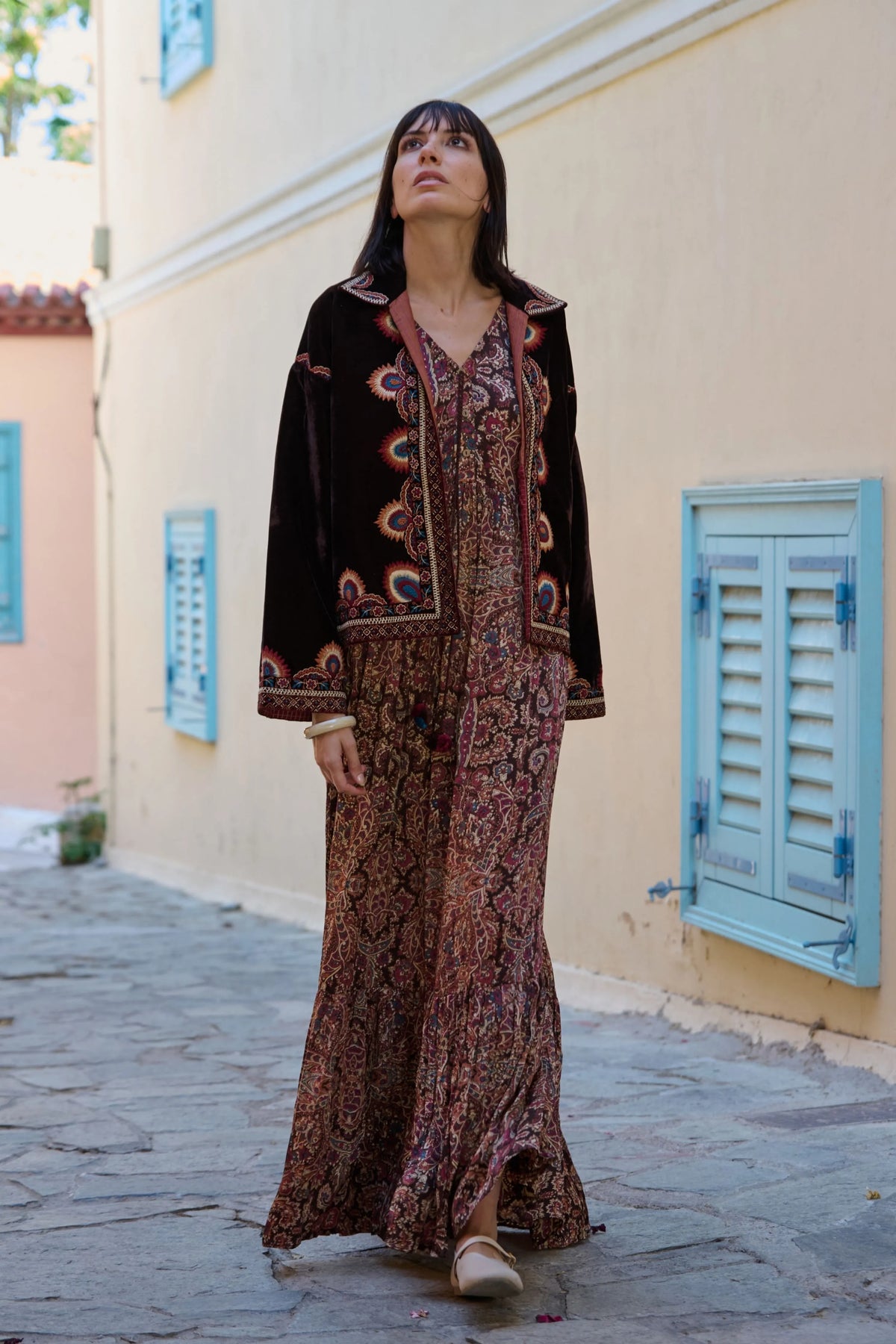 Brown Paisley Printed Satin Midi Dress
