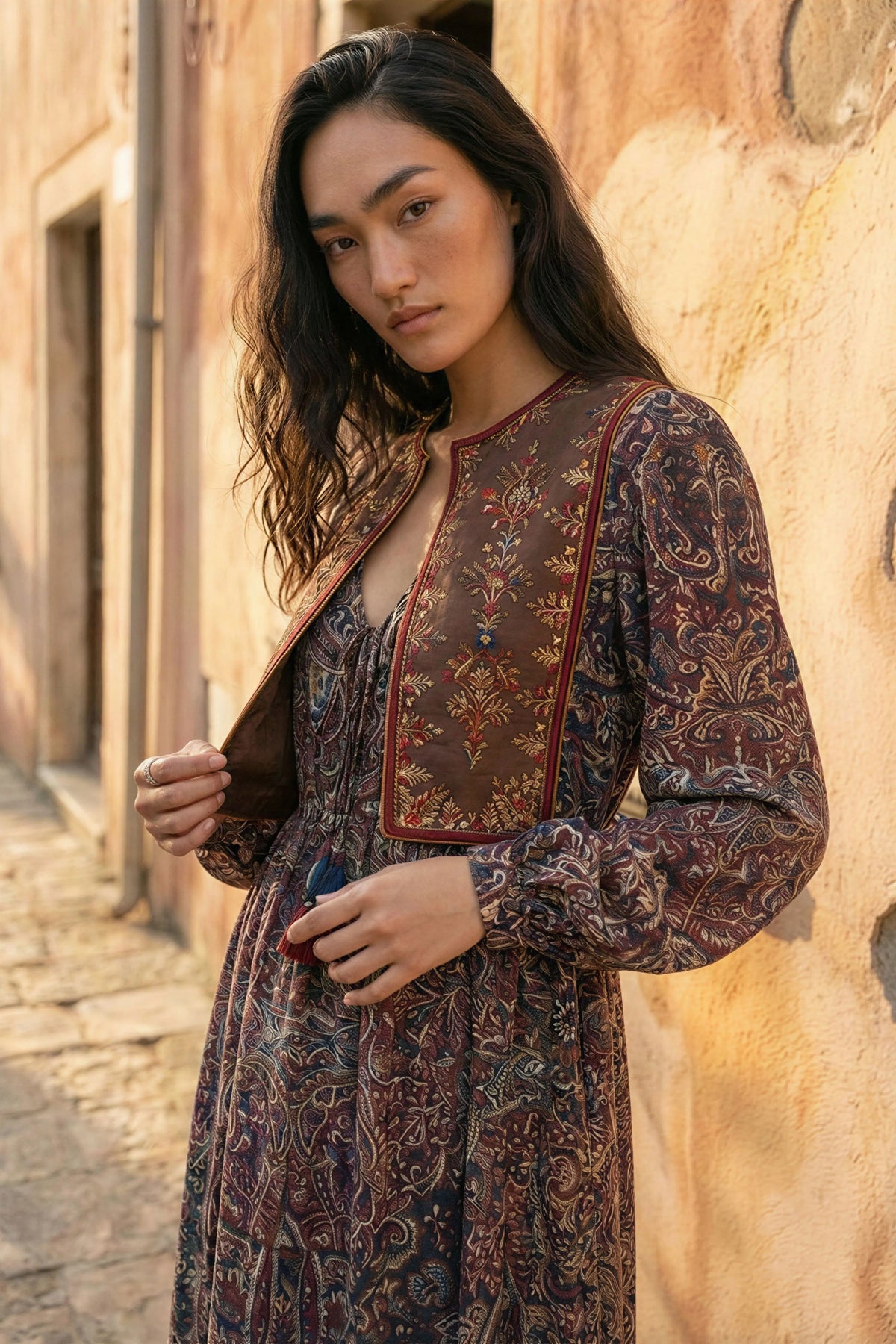 Brown Suede Embroidered Collar