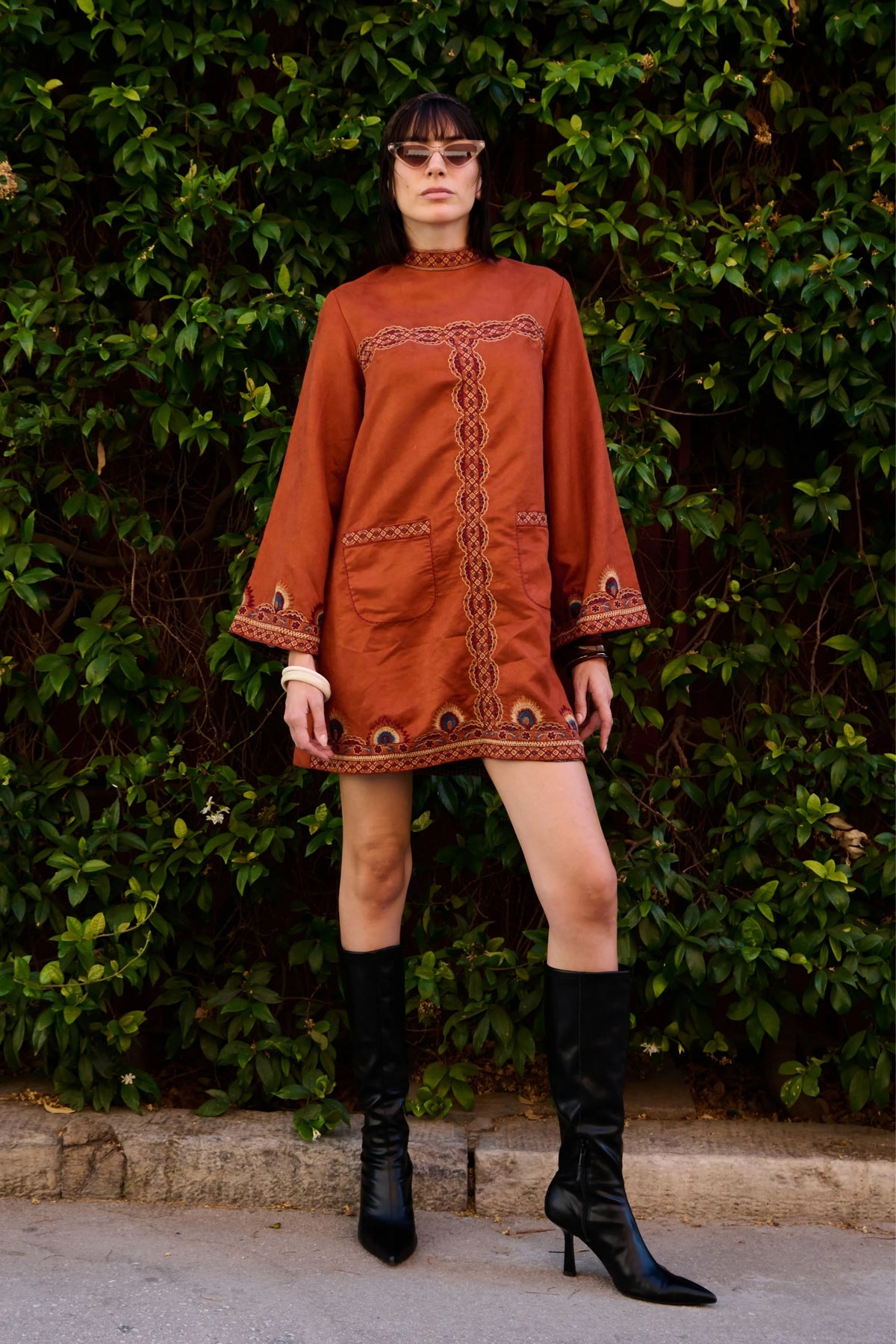 Rust Suede Embroidered Short Dress