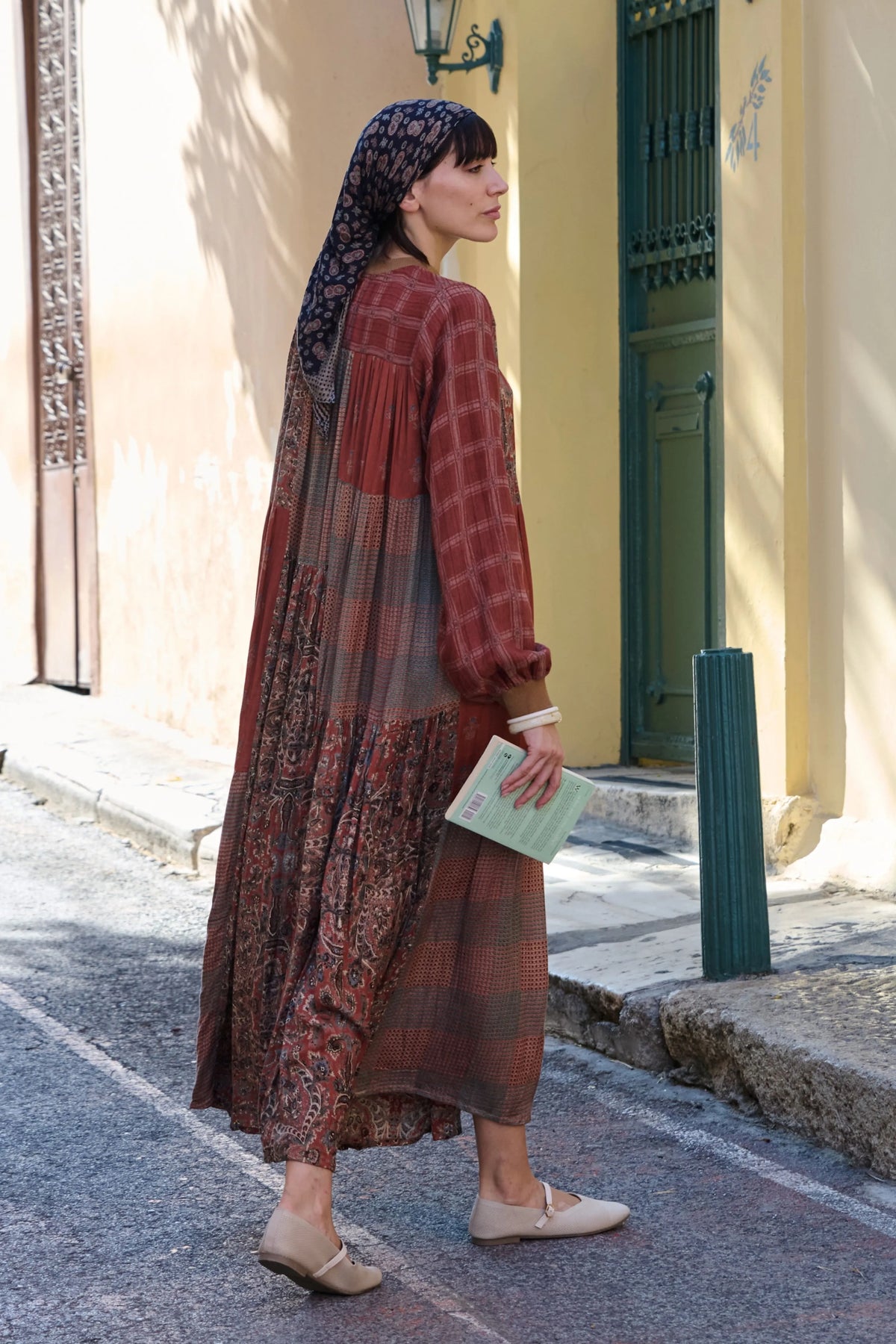 Rust Twill Printed Textured Midi Dress
