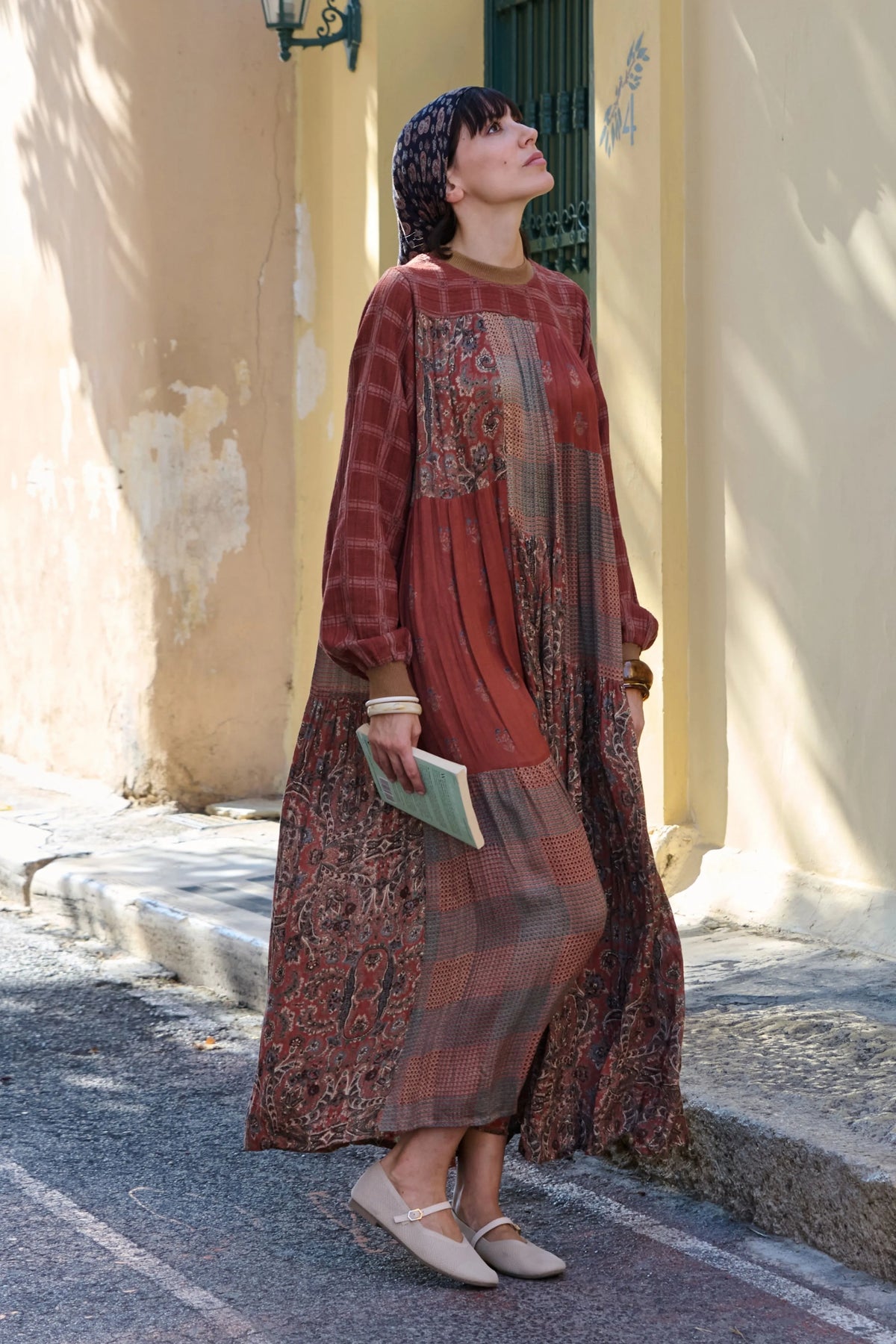 Rust Twill Printed Textured Midi Dress