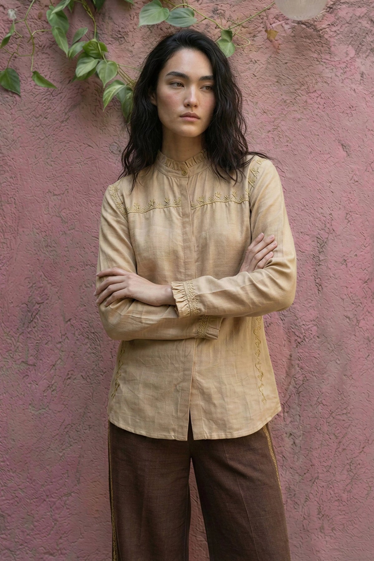 Beige Silk Embroidered Shirt