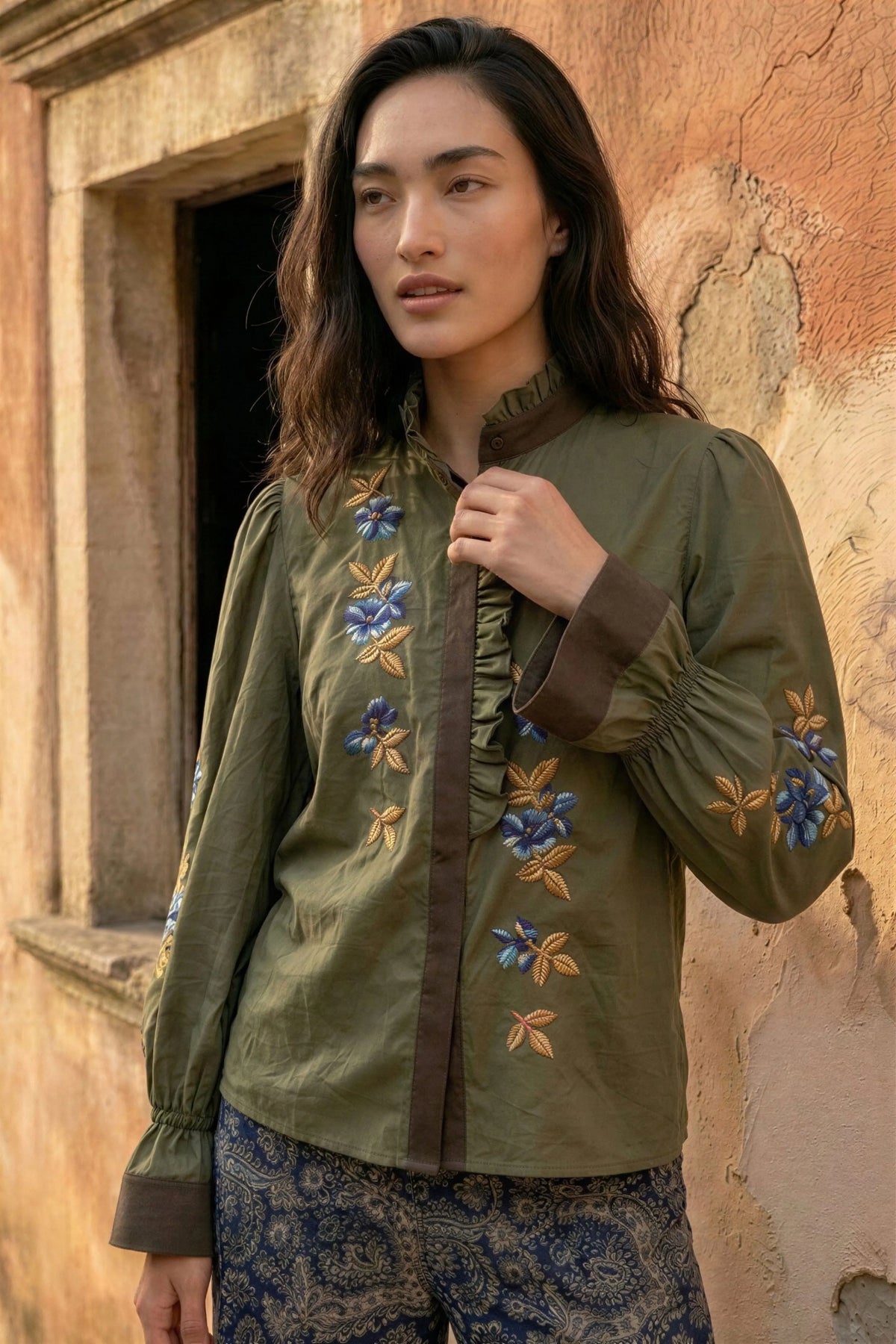 Olive Silk Floral Embroidered Shirt