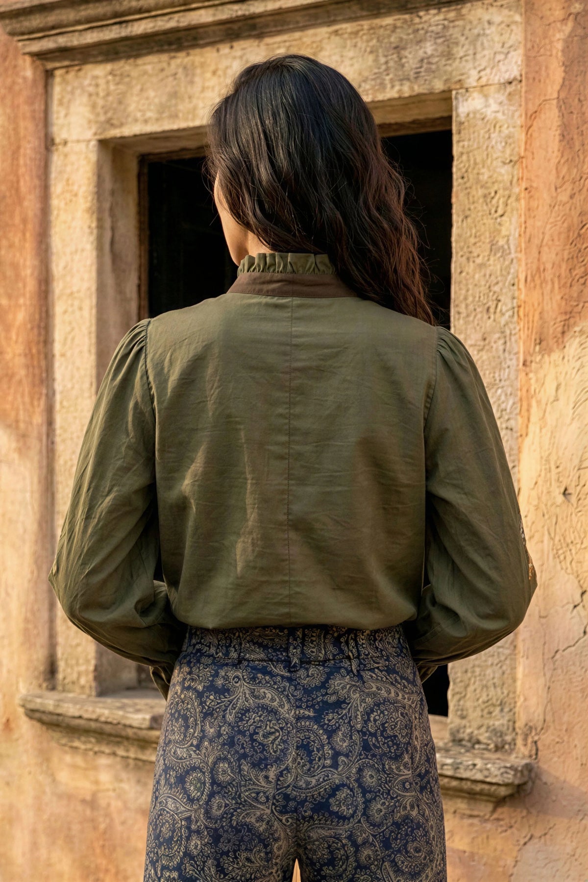 Olive Silk Floral Embroidered Shirt