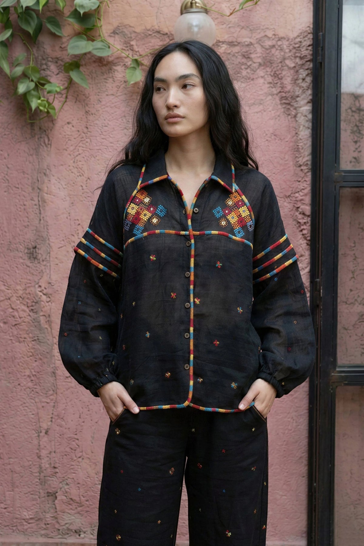 Maroon Cross-Stitch Embroidered Shirt