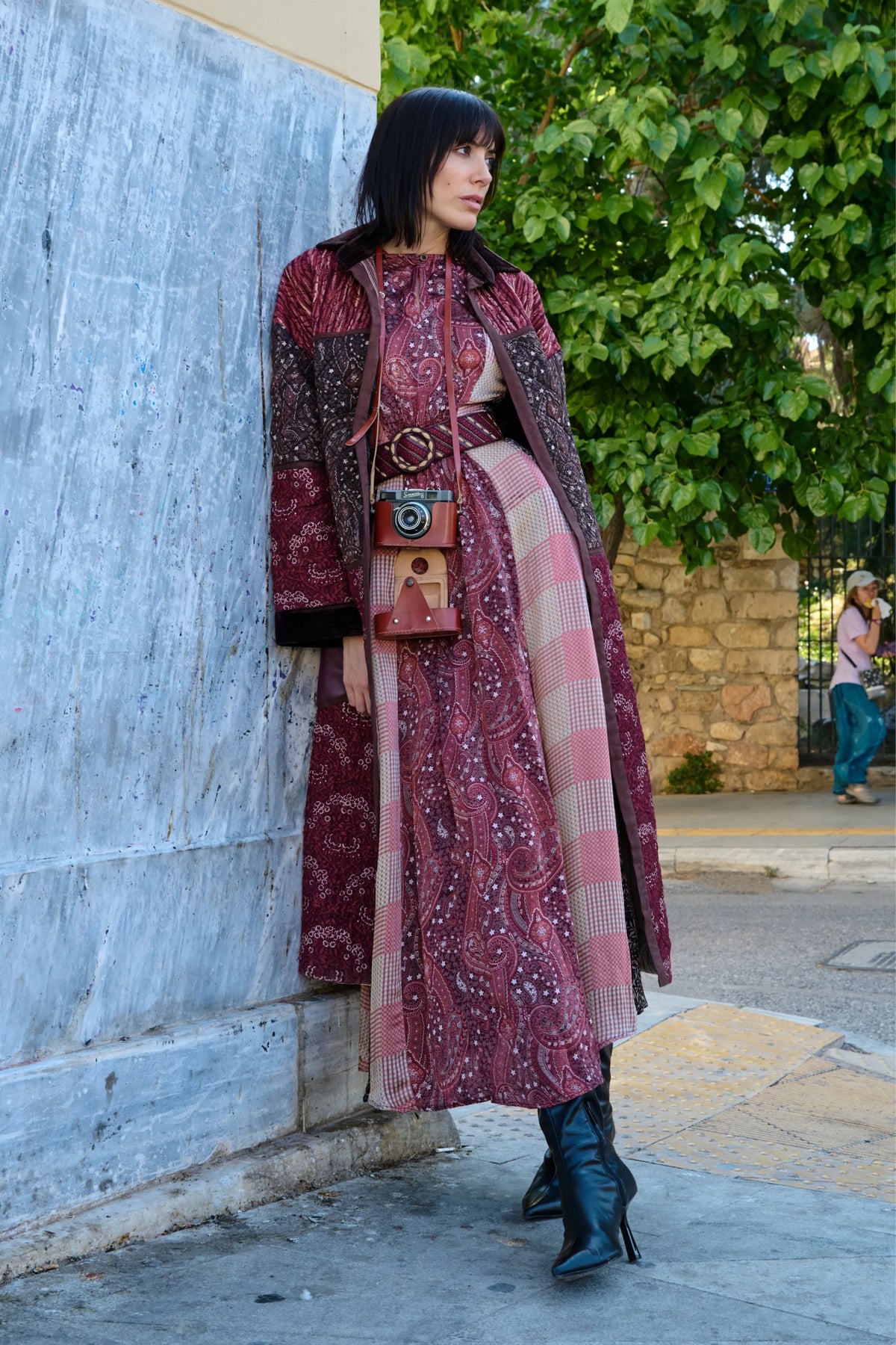 Color-Block Satin Printed Leather-Detail Dress