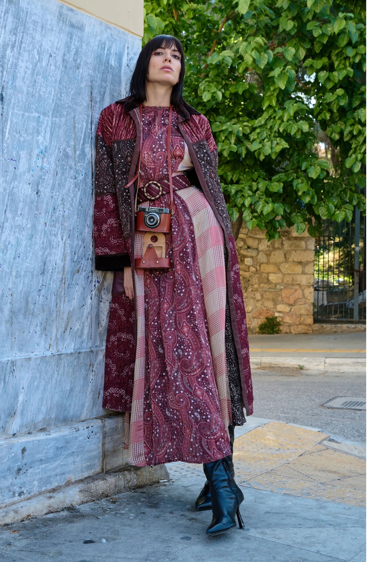 Color-Block Satin Printed Leather-Detail Dress