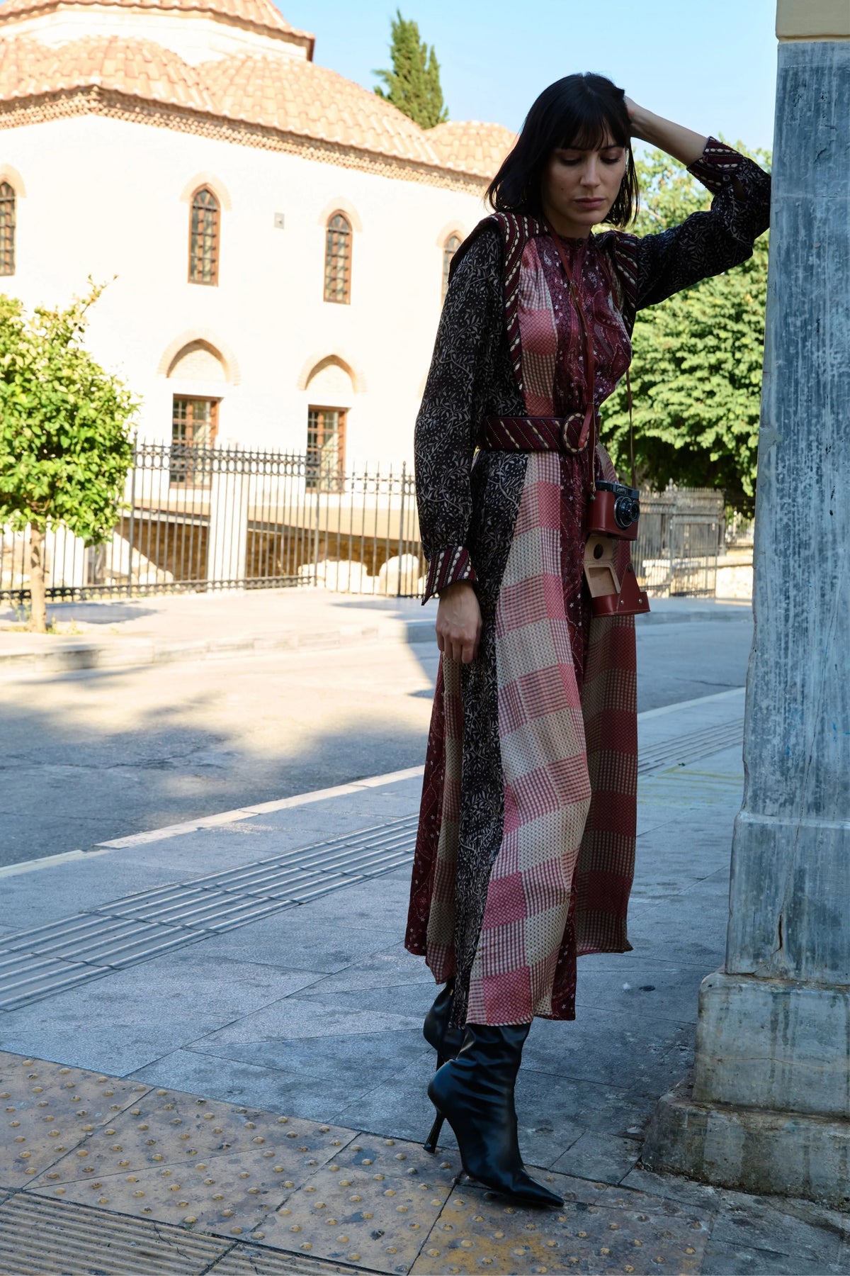 Color-Block Satin Printed Leather-Detail Dress