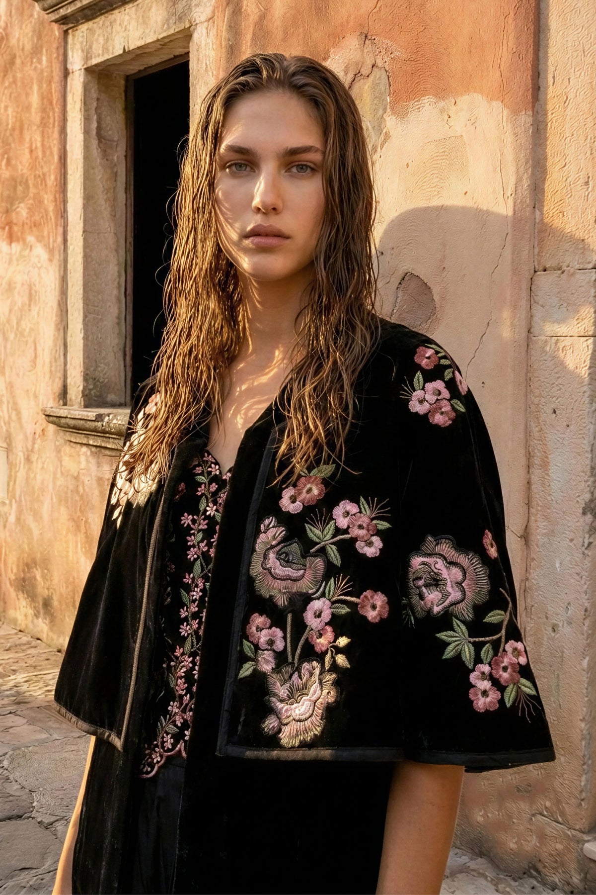 Black Velvet Floral Embroidered Cape Blazer