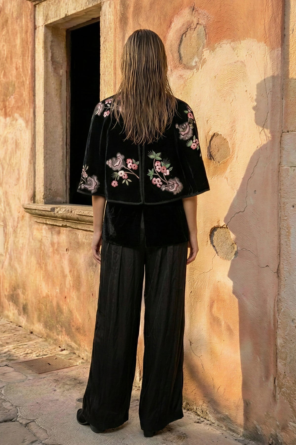 Black Velvet Floral Embroidered Cape Blazer