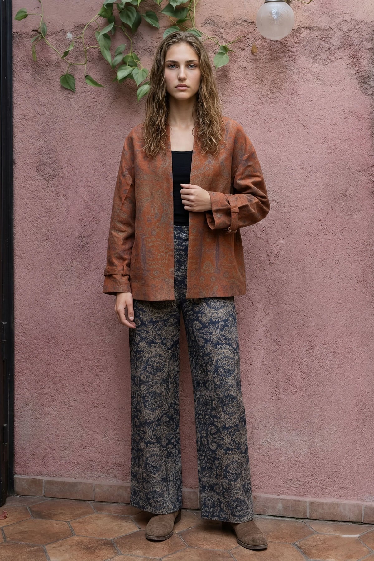 Rust Suede Paisley Printed Jacket