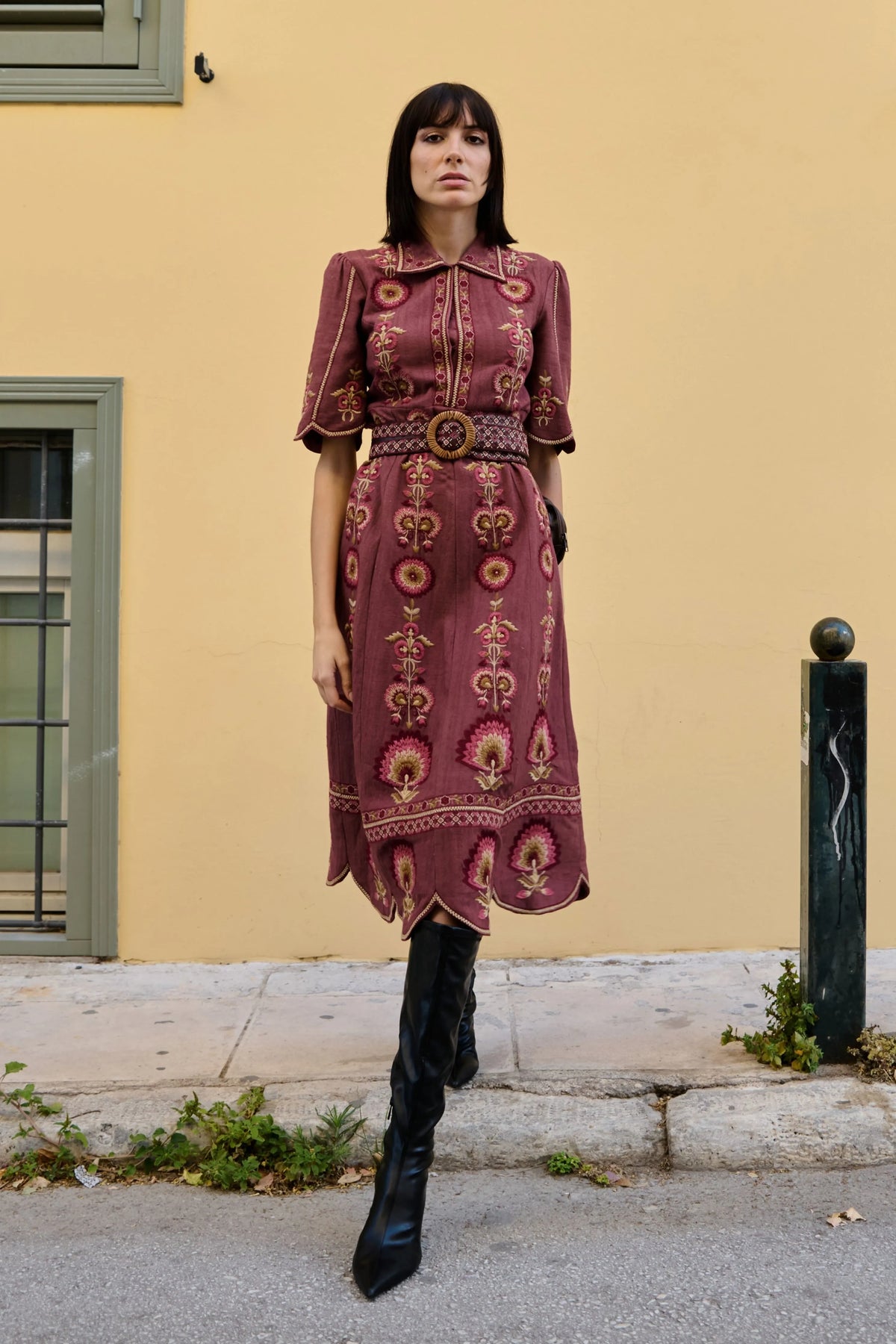 Mauve Textured Embroidered Dress