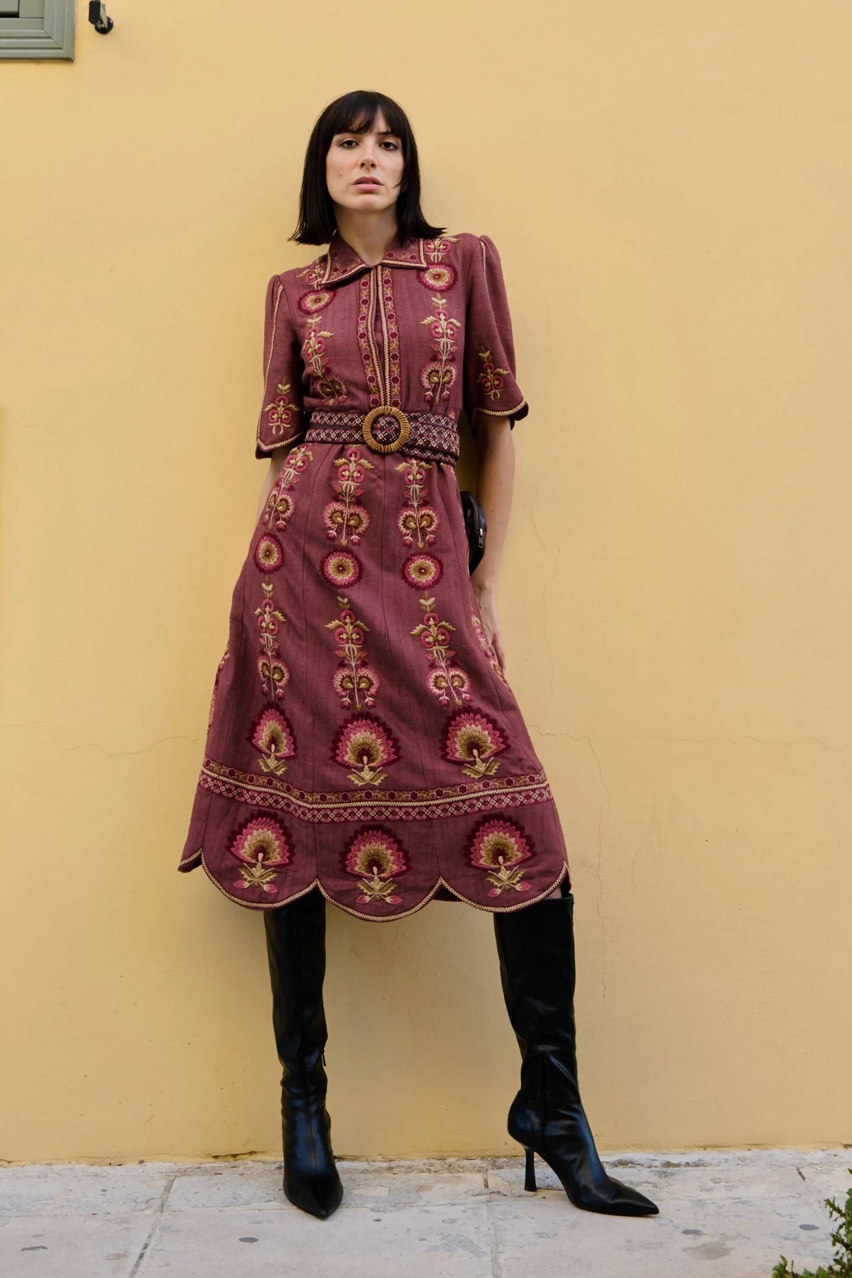 Mauve Textured Embroidered Dress