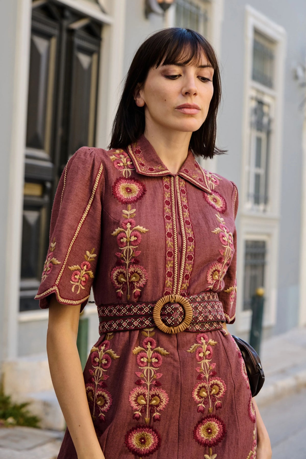 Mauve Textured Embroidered Dress