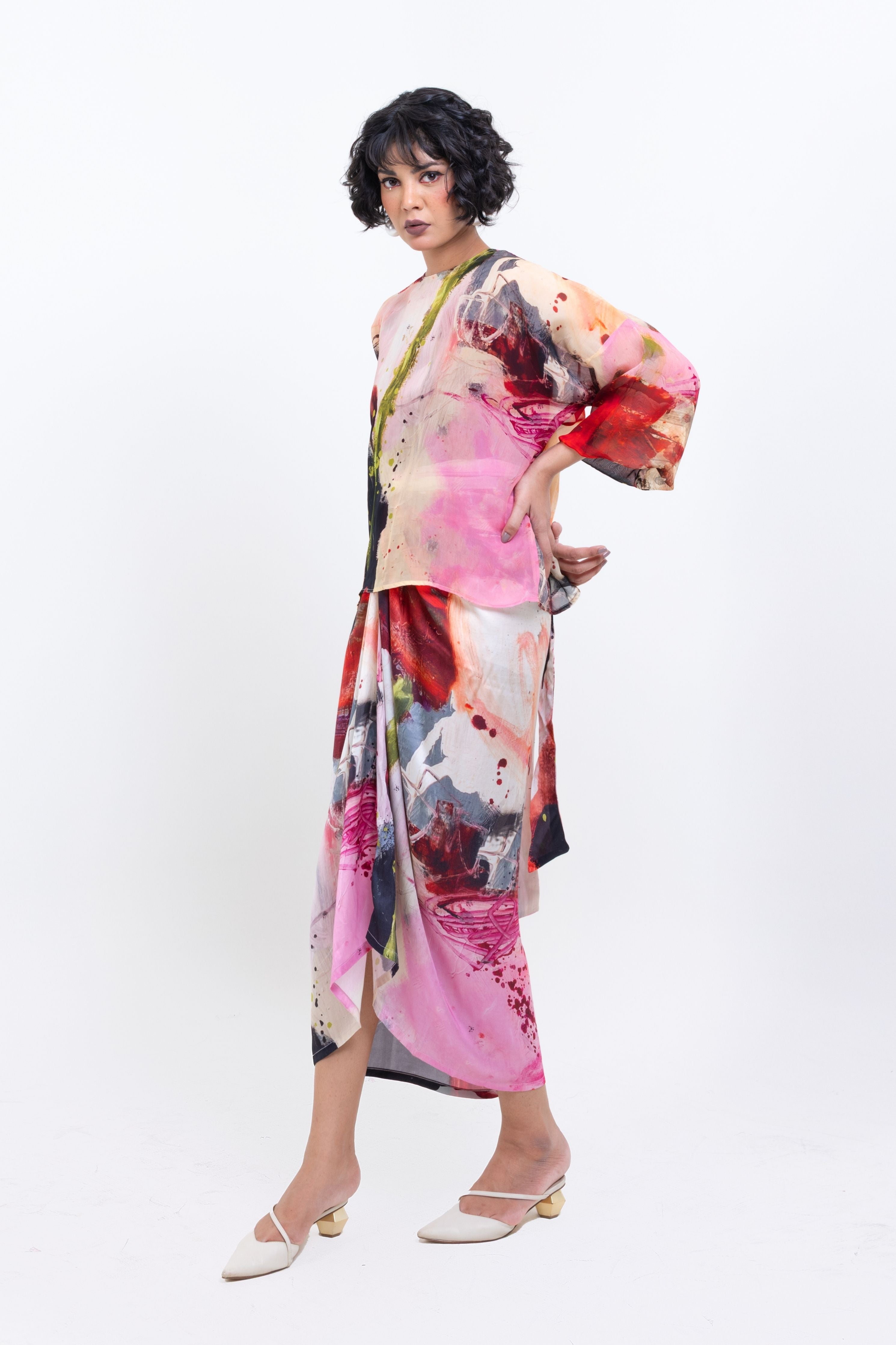 Artistic Abstract  Print Sheer Top