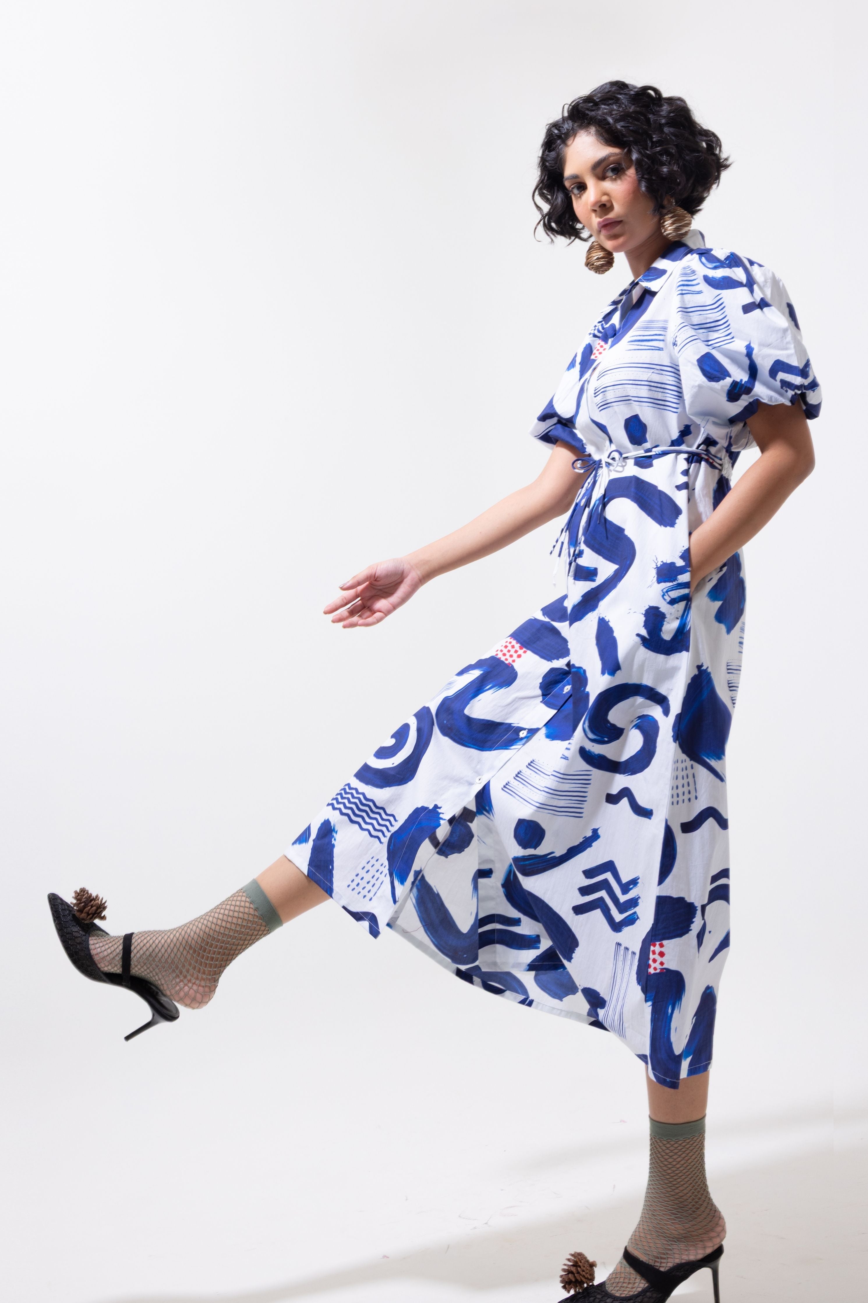 Abstract Indigo Shirt Dress