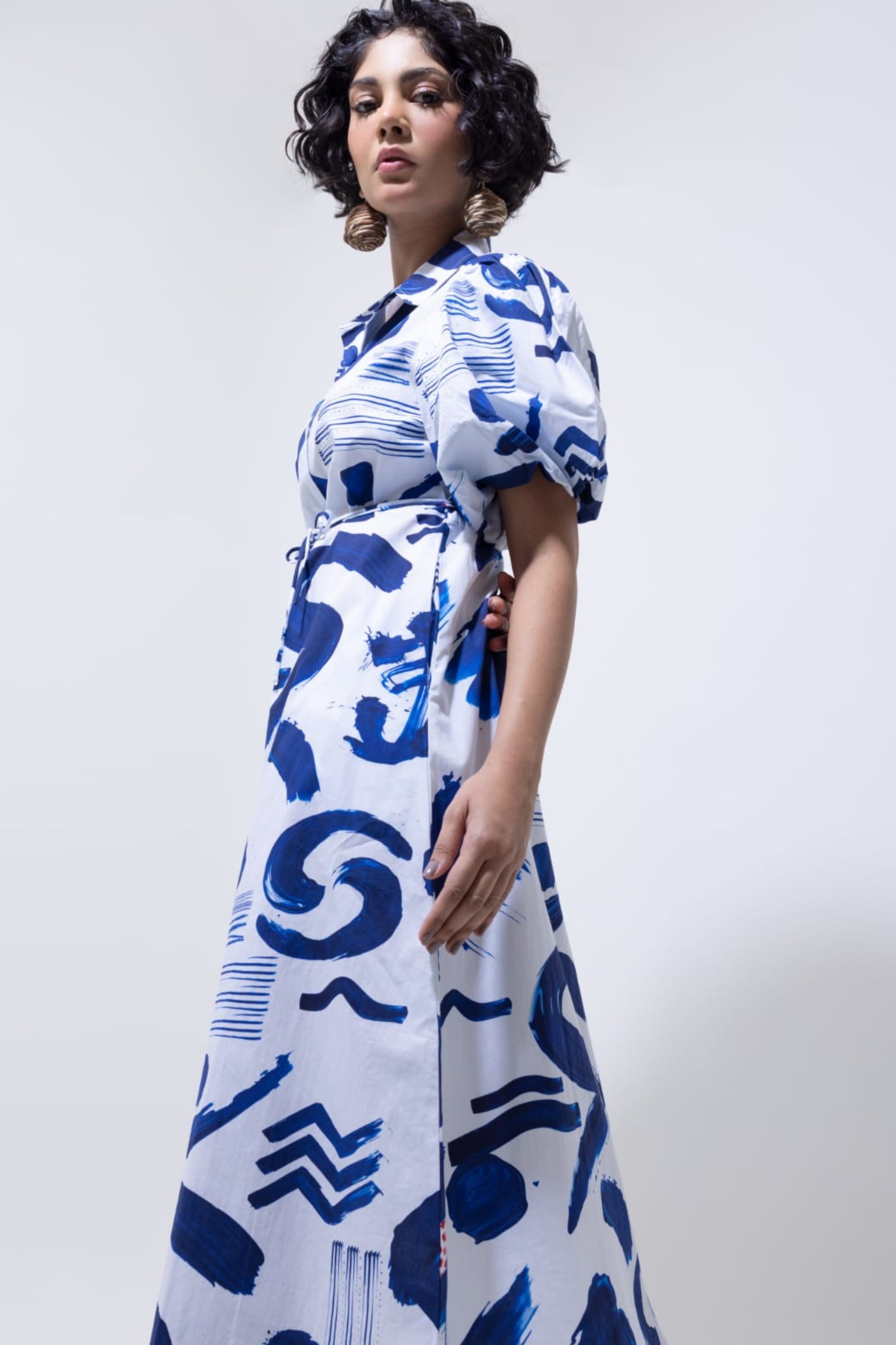 Abstract Indigo Shirt Dress