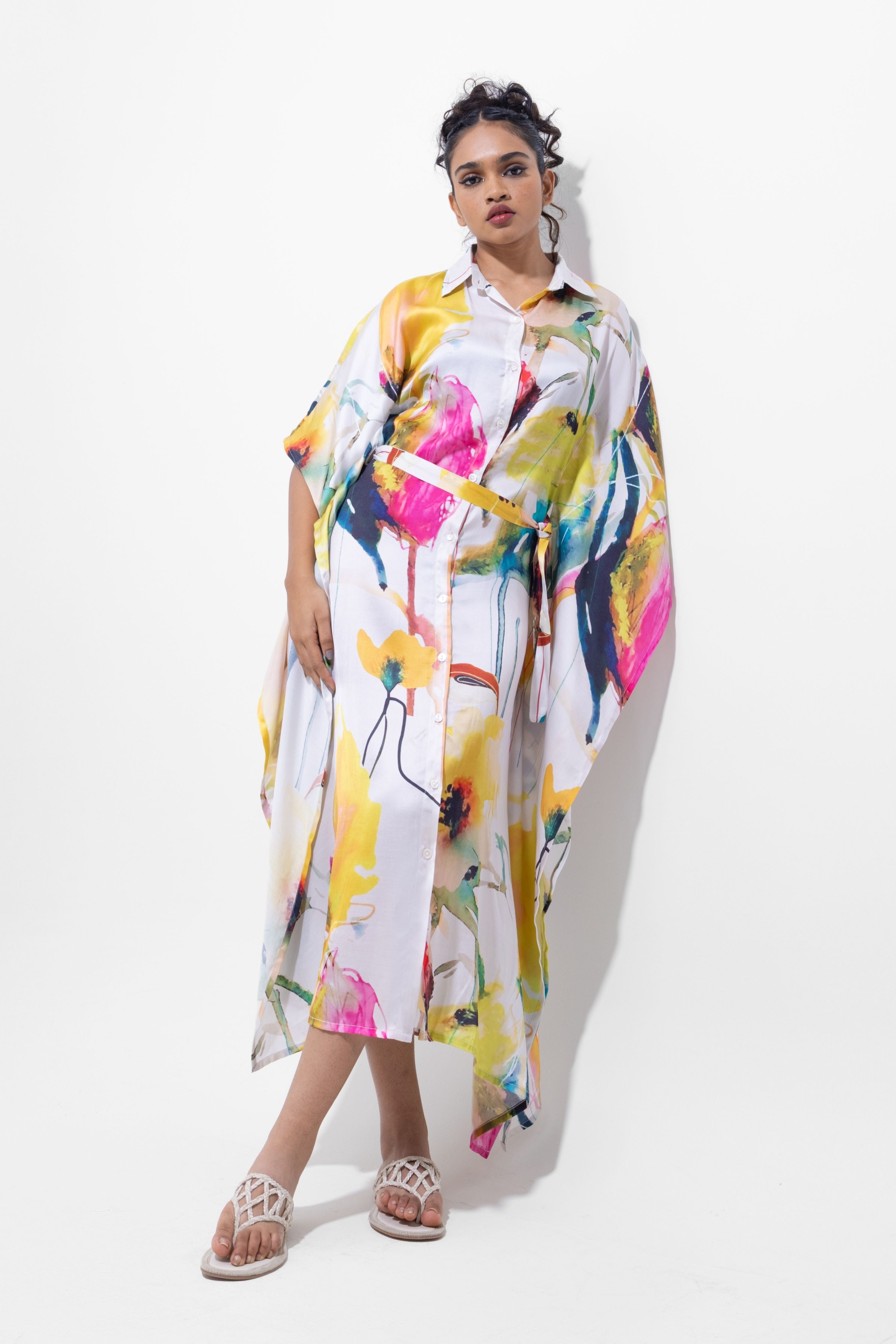 Elegant Black Floral Shirt Kaftan Dress