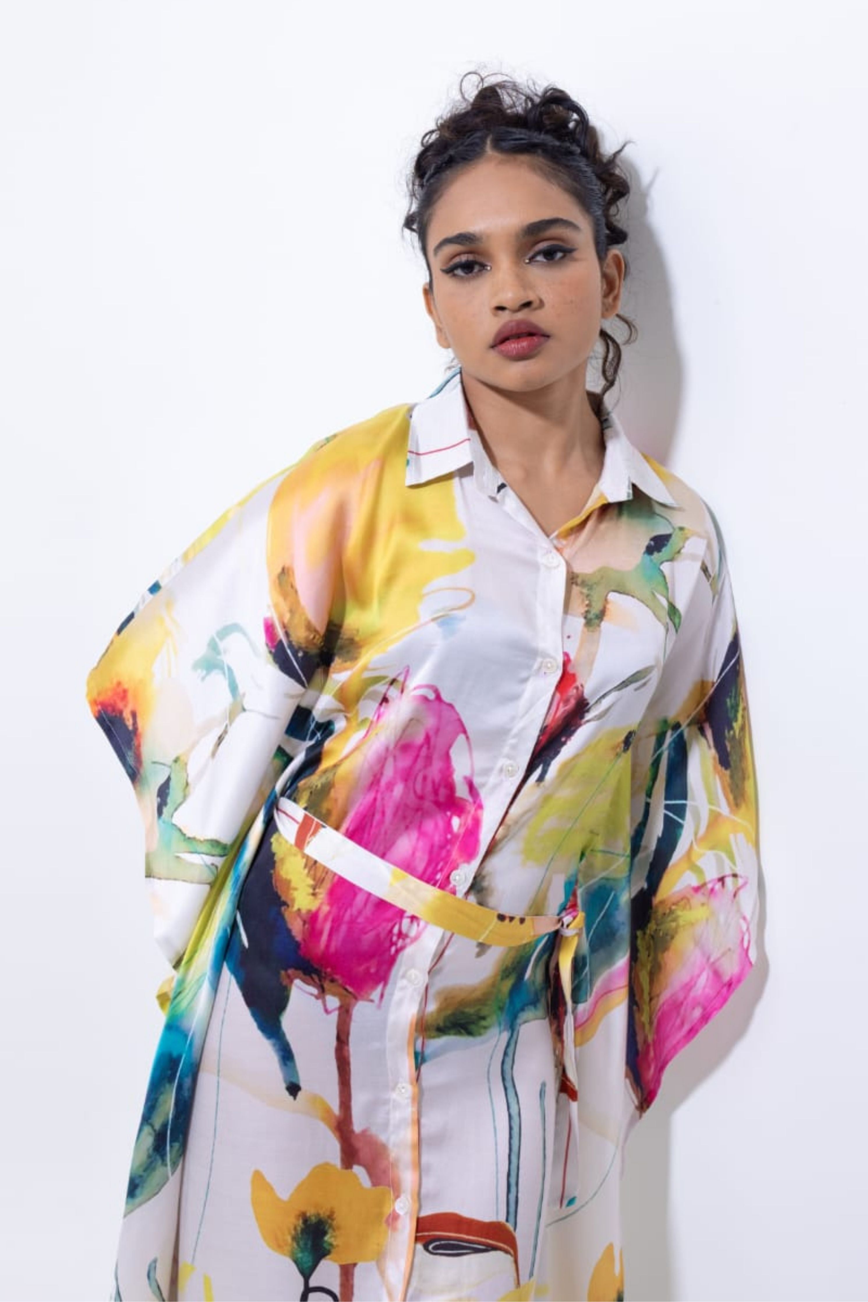 Elegant Black Floral Shirt Kaftan Dress