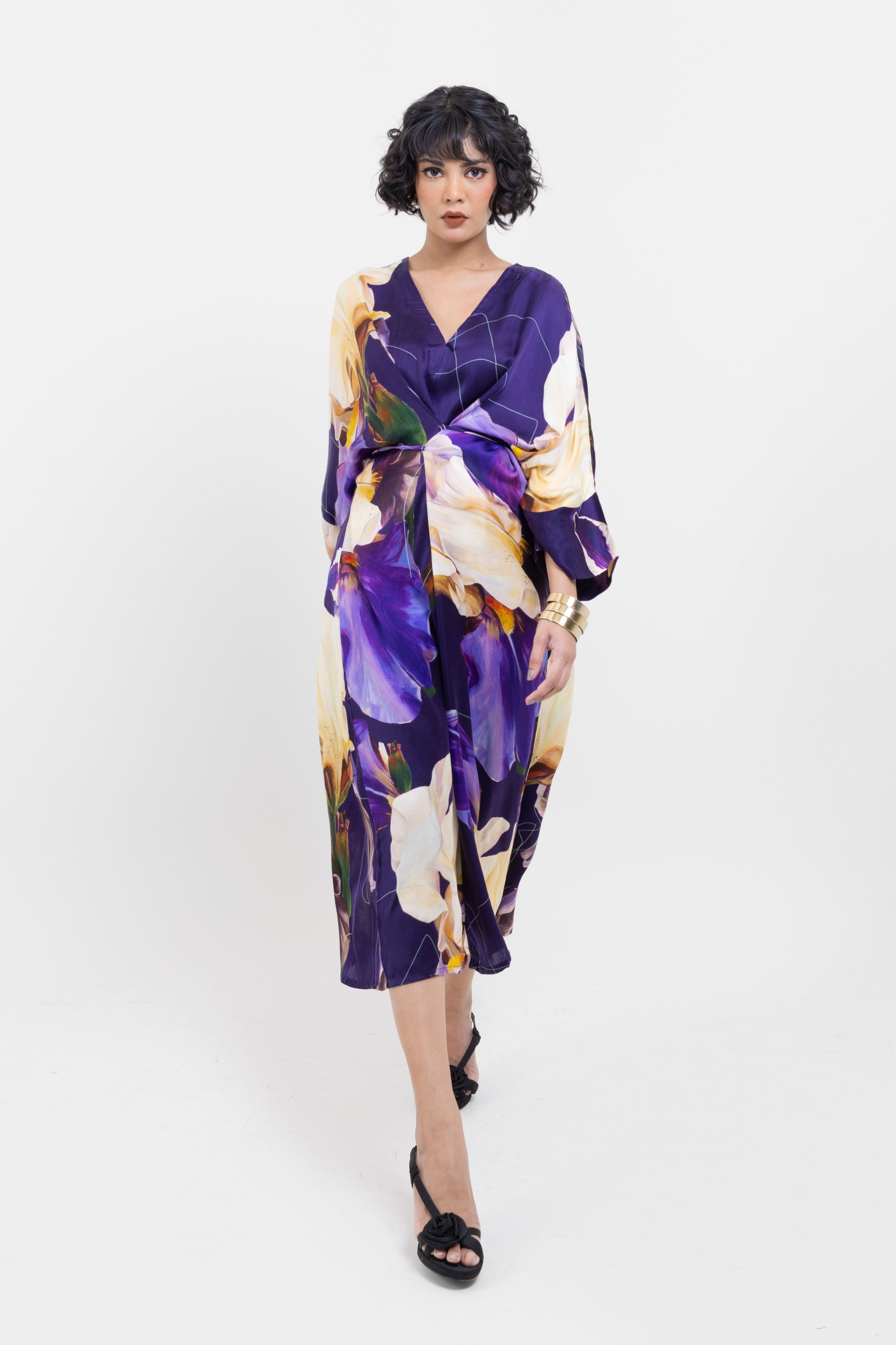 Elegant Midnight Bloom  Wrap - Style Midi Dress
