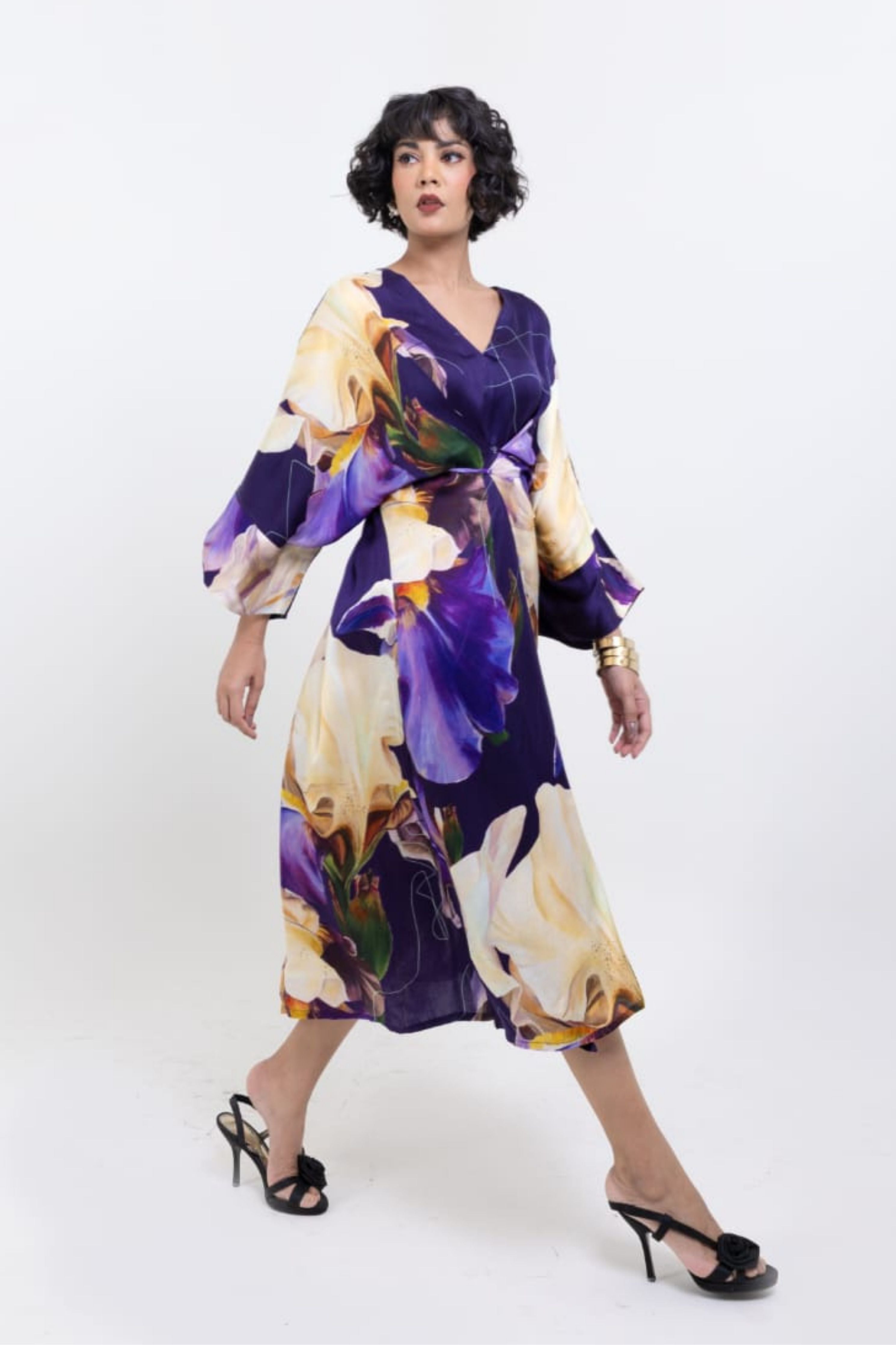 Elegant Midnight Bloom Wrap - Style Midi Dress