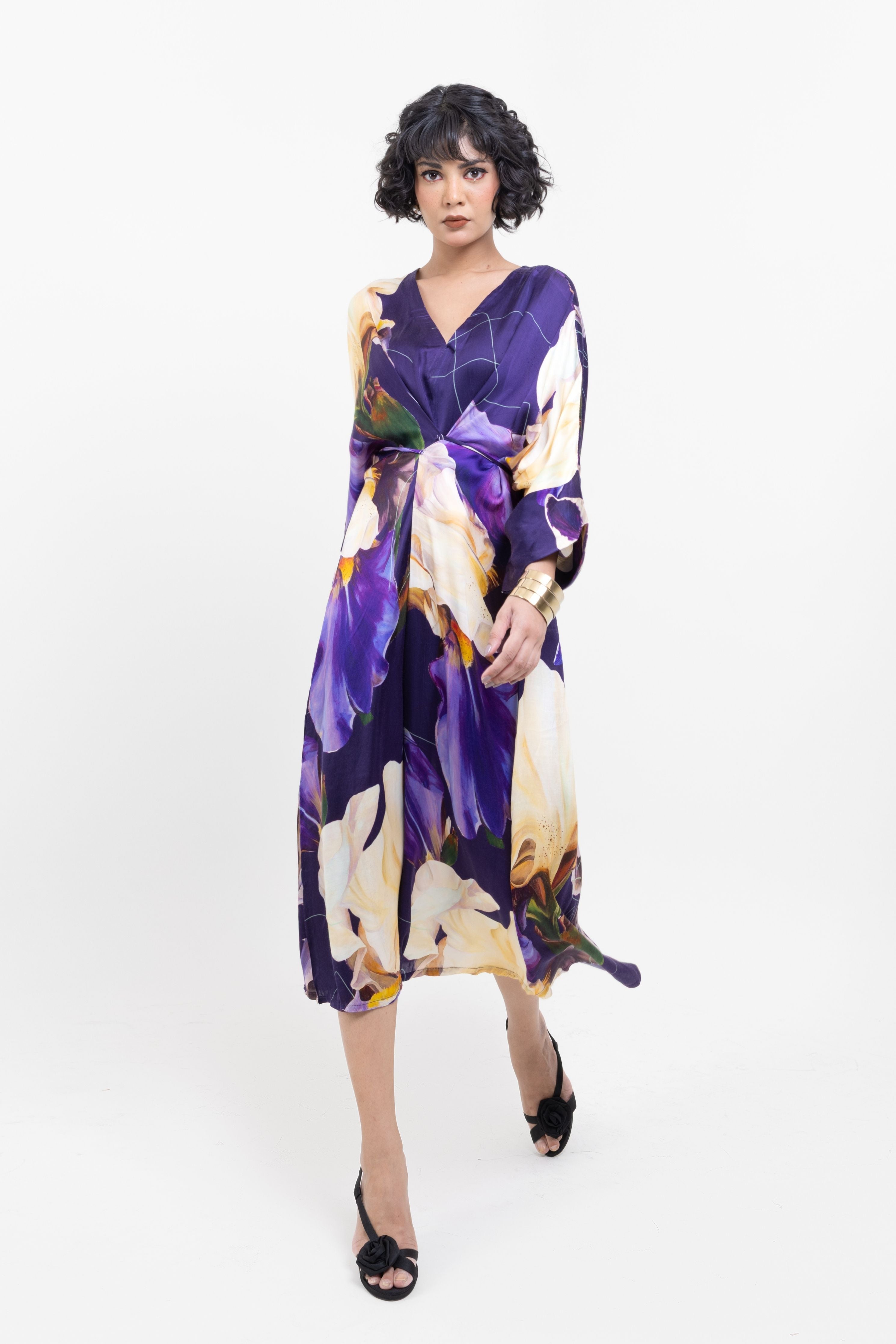 Elegant Midnight Bloom Wrap - Style Midi Dress