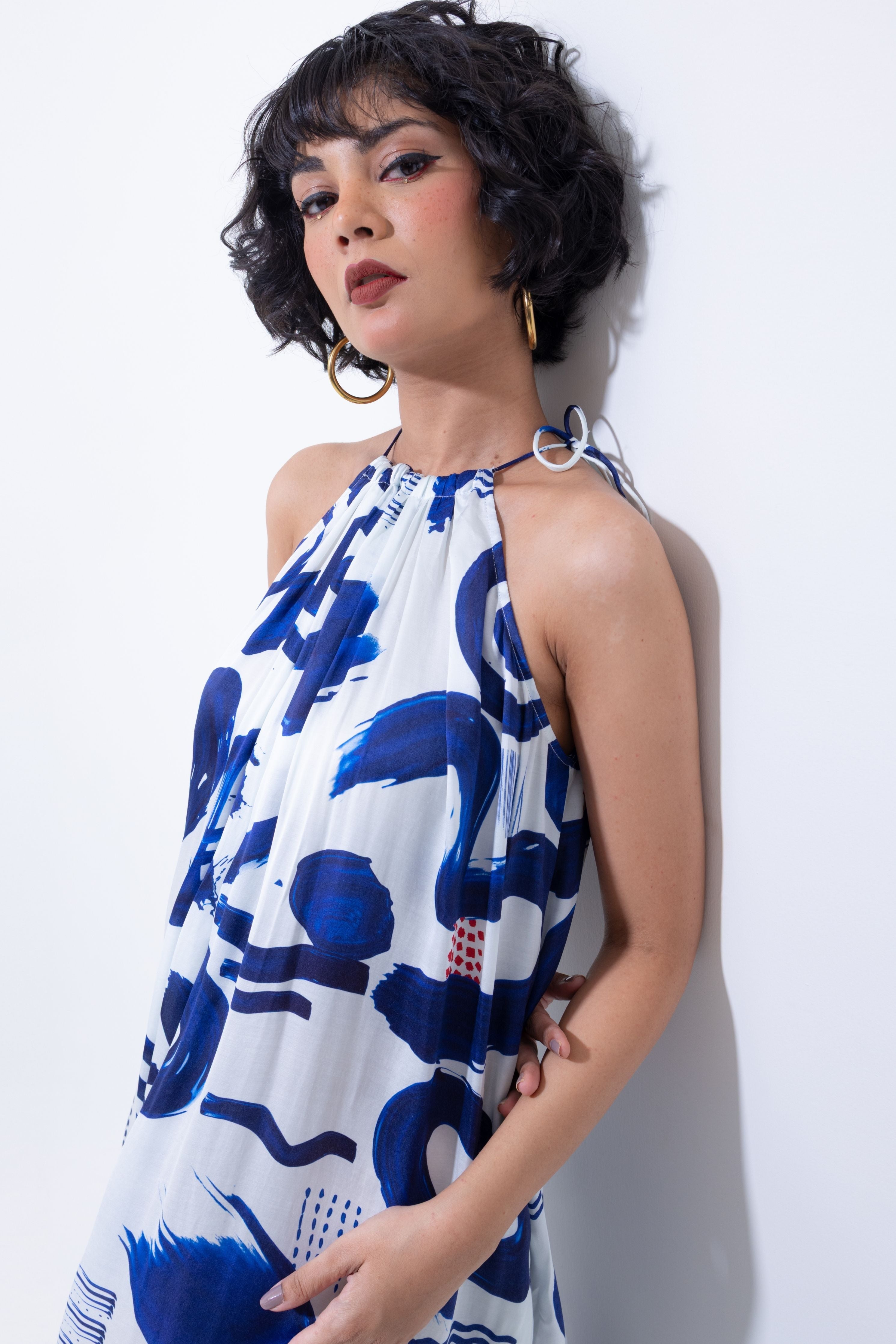 Abstract Elegance Halter Maxi Dress