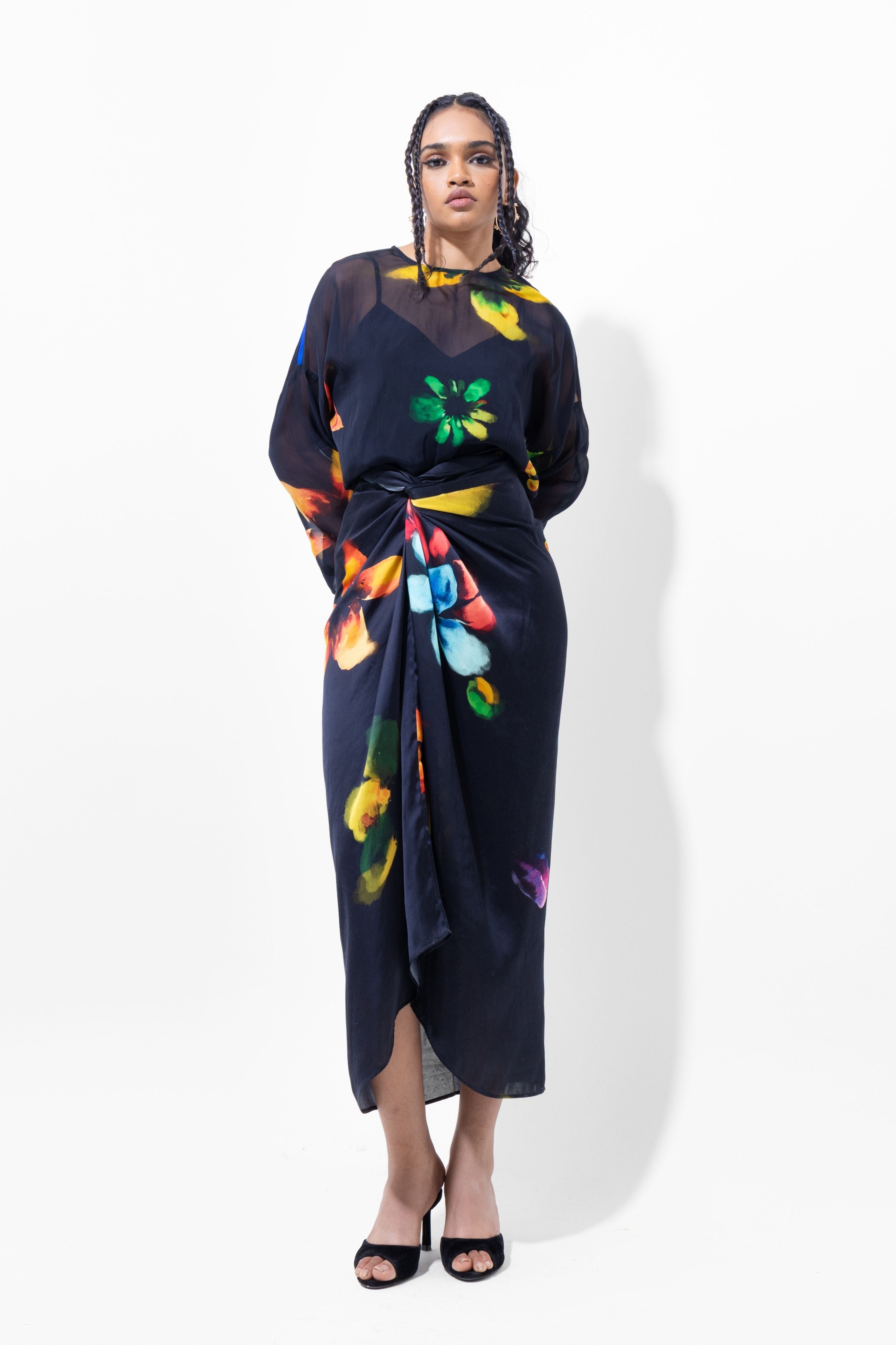 Elegant Black Floral Drape Skirt