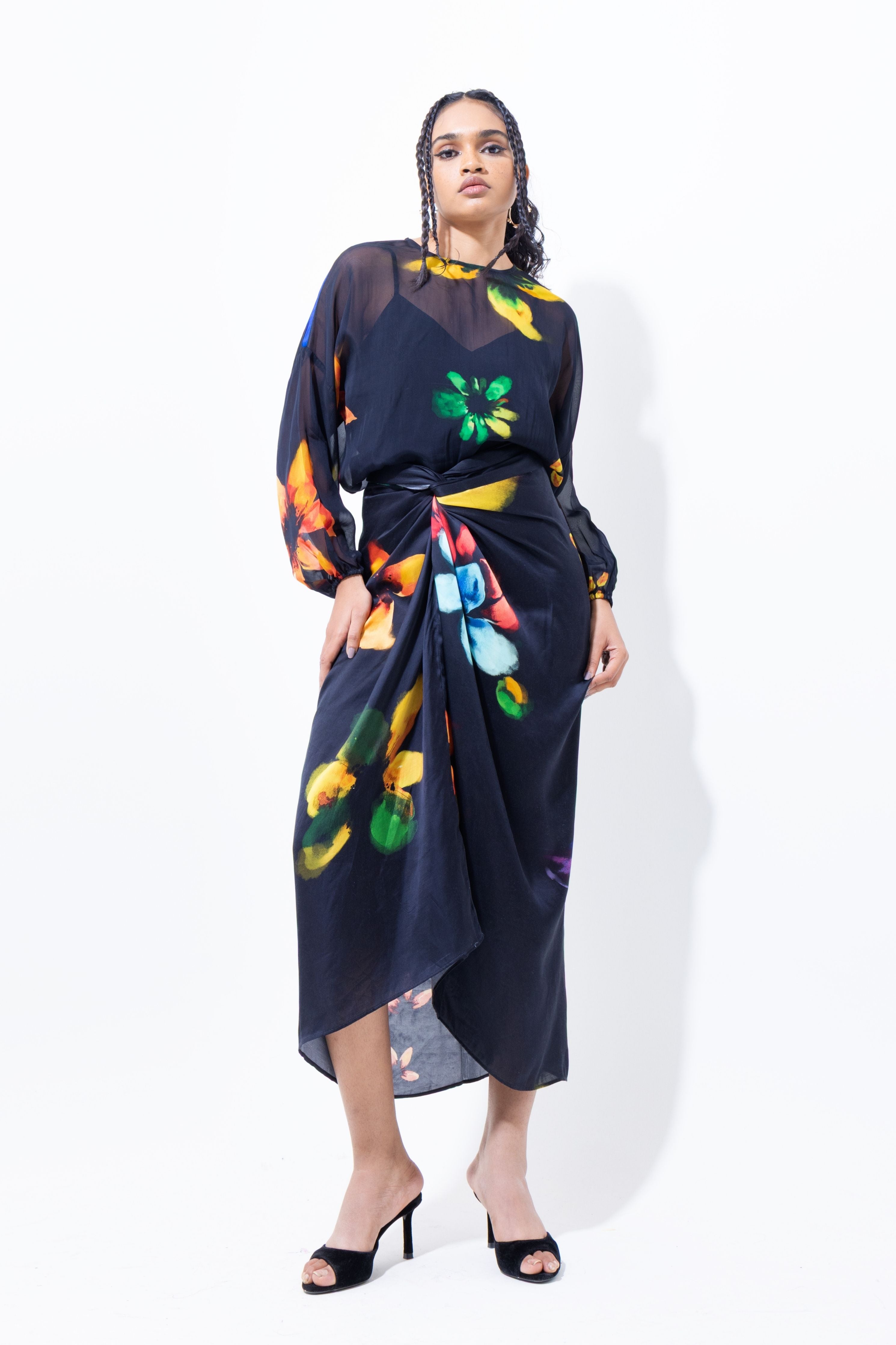 Elegant Black Floral Drape Skirt