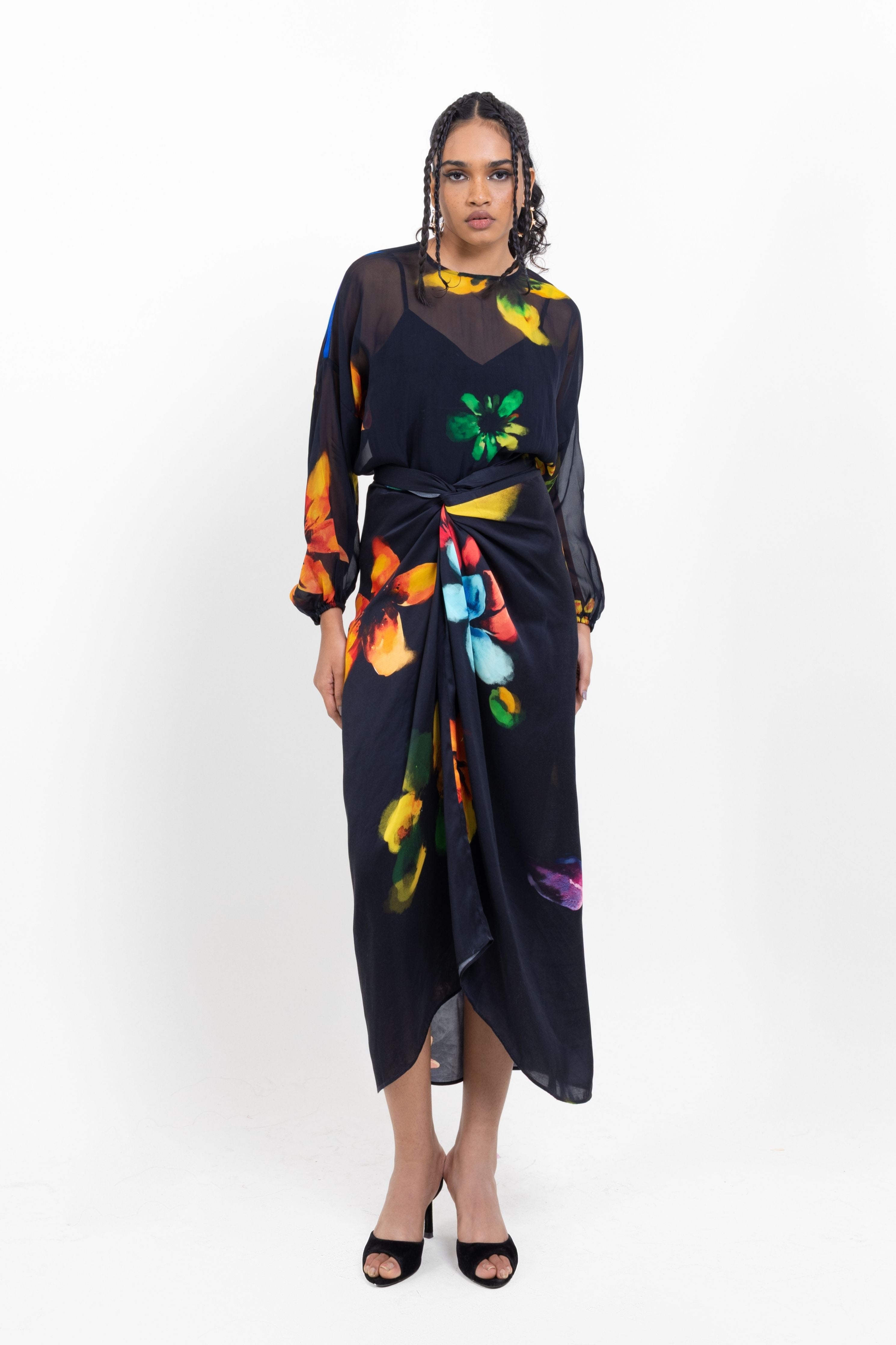 Elegant Black Floral Drape Skirt