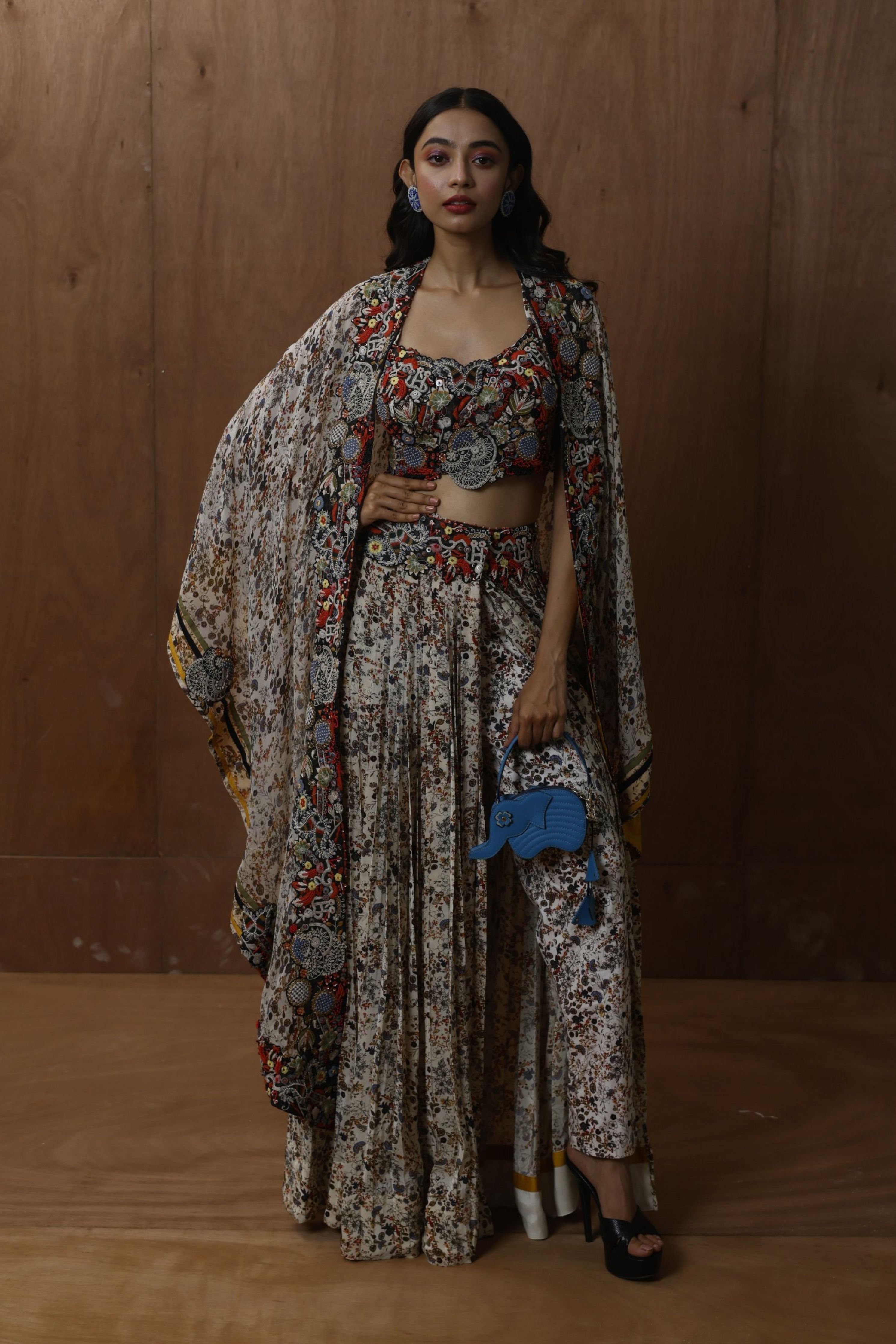 Embroidered Blouse With Pants, Wrap Skirt And Long Cape