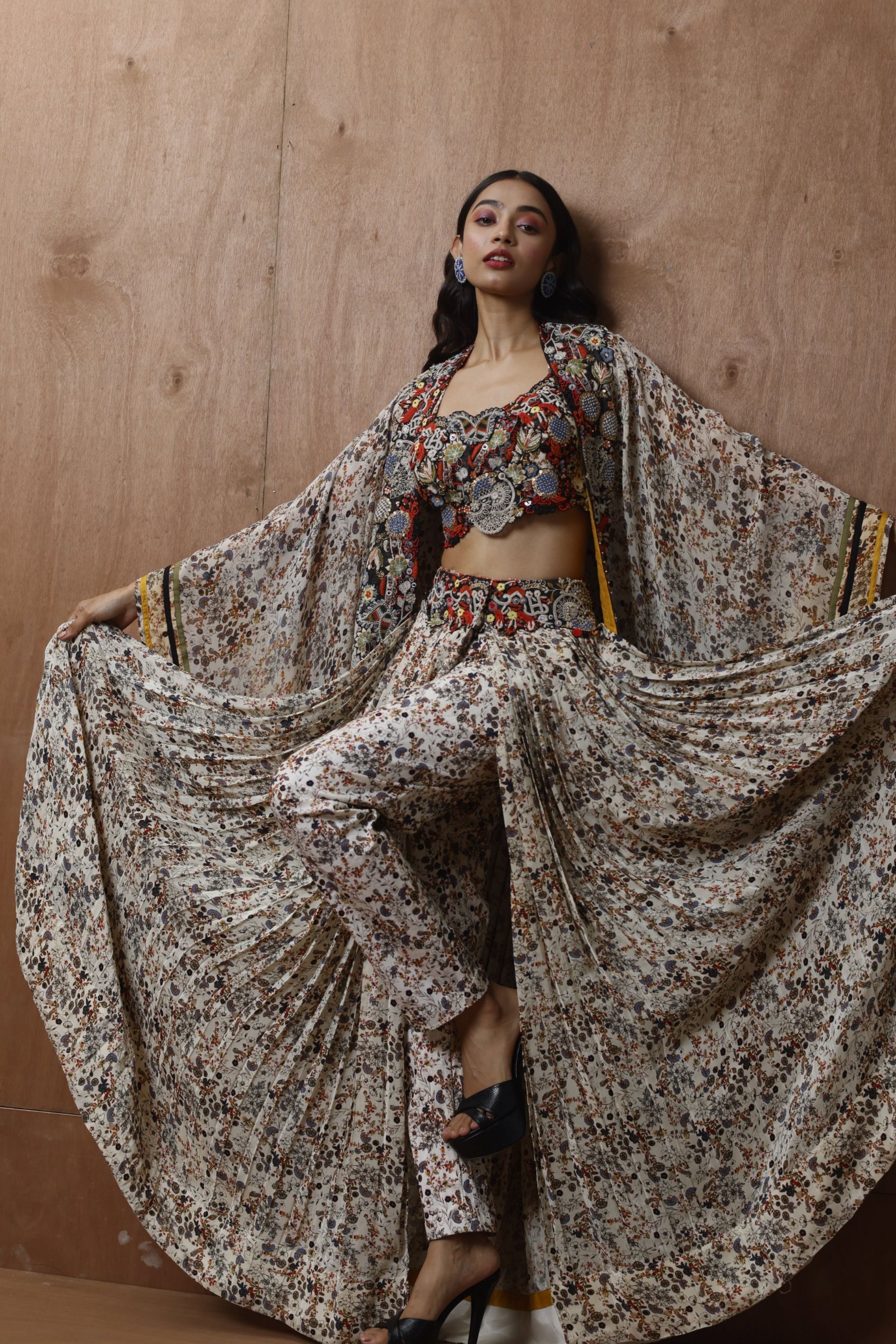 Embroidered Blouse With Pants, Wrap Skirt And Long Cape