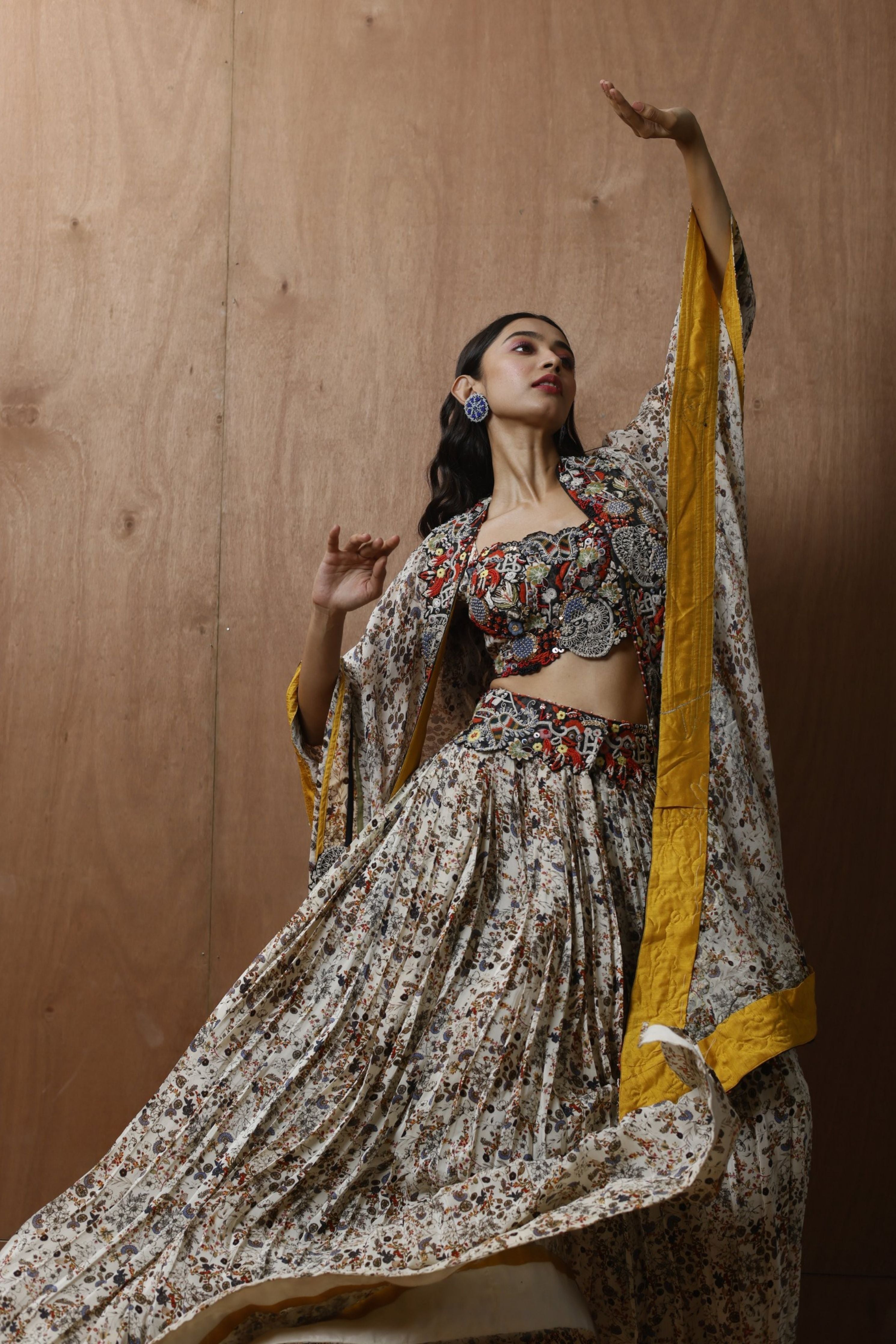 Embroidered Blouse With Pants, Wrap Skirt And Long Cape