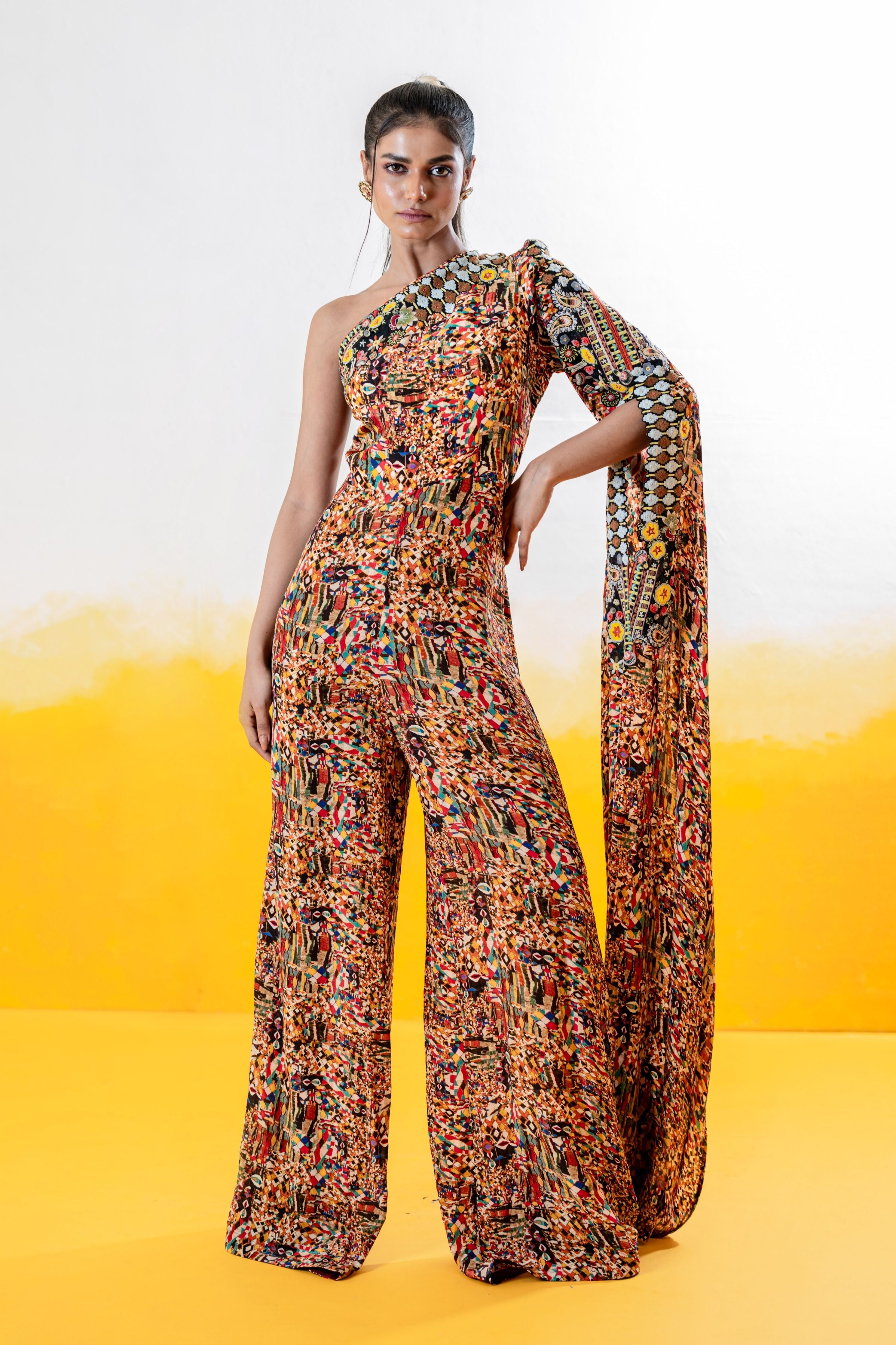 One Shoulder Printed Jumpsuit With Embroidery