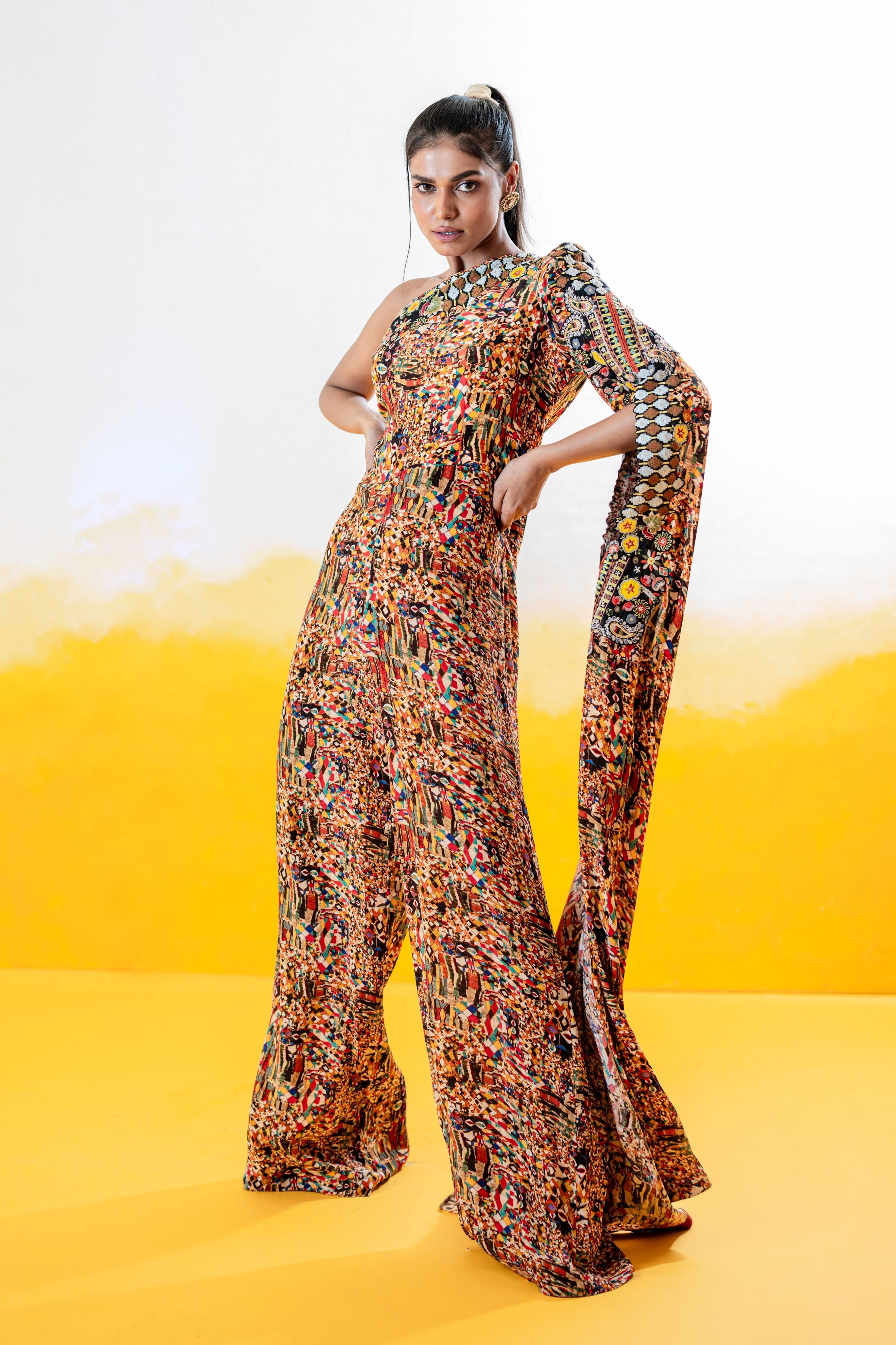 One Shoulder Printed Jumpsuit With Embroidery
