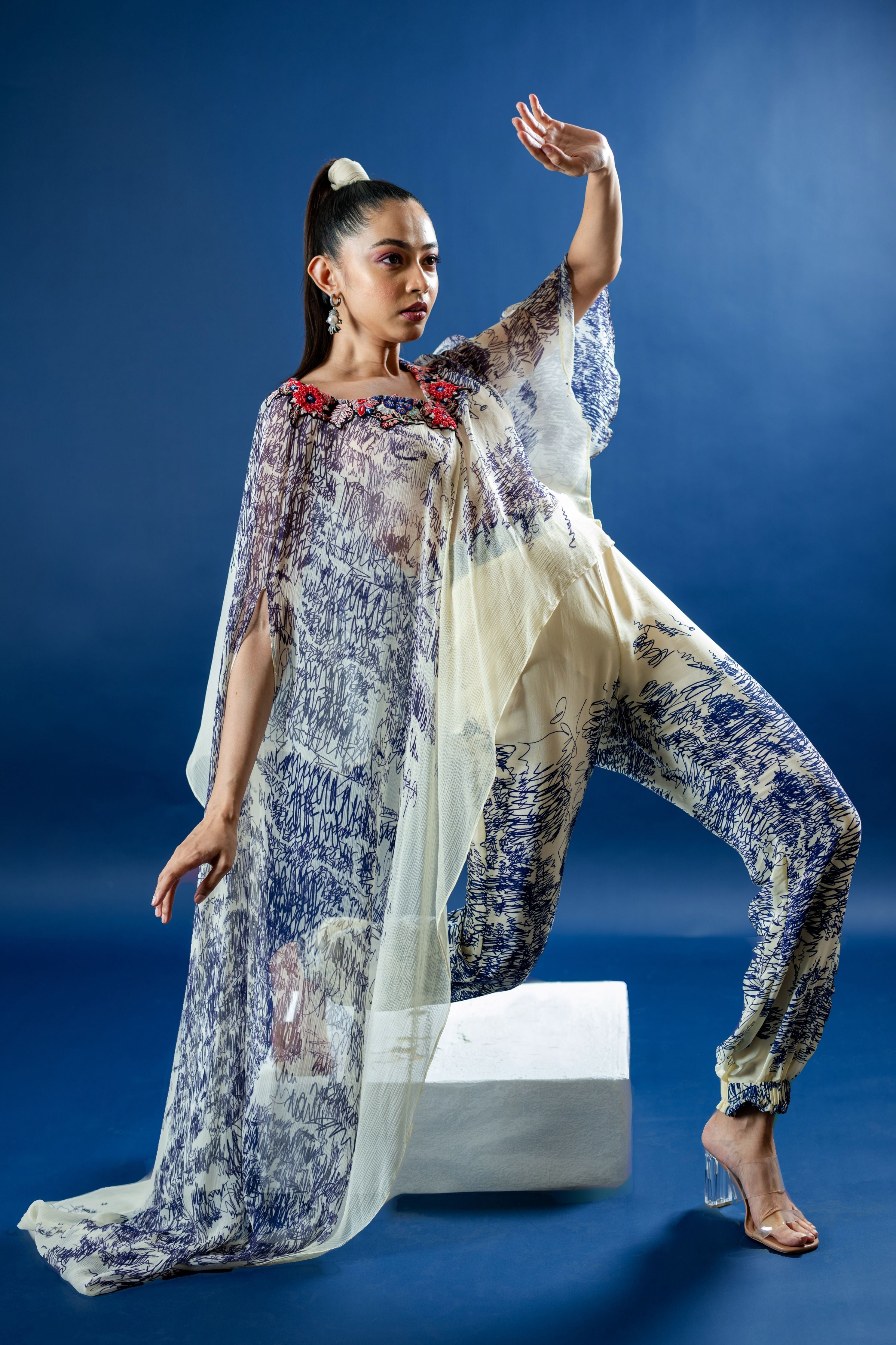 Assymetric Cape Style Top With Bustier And Pants