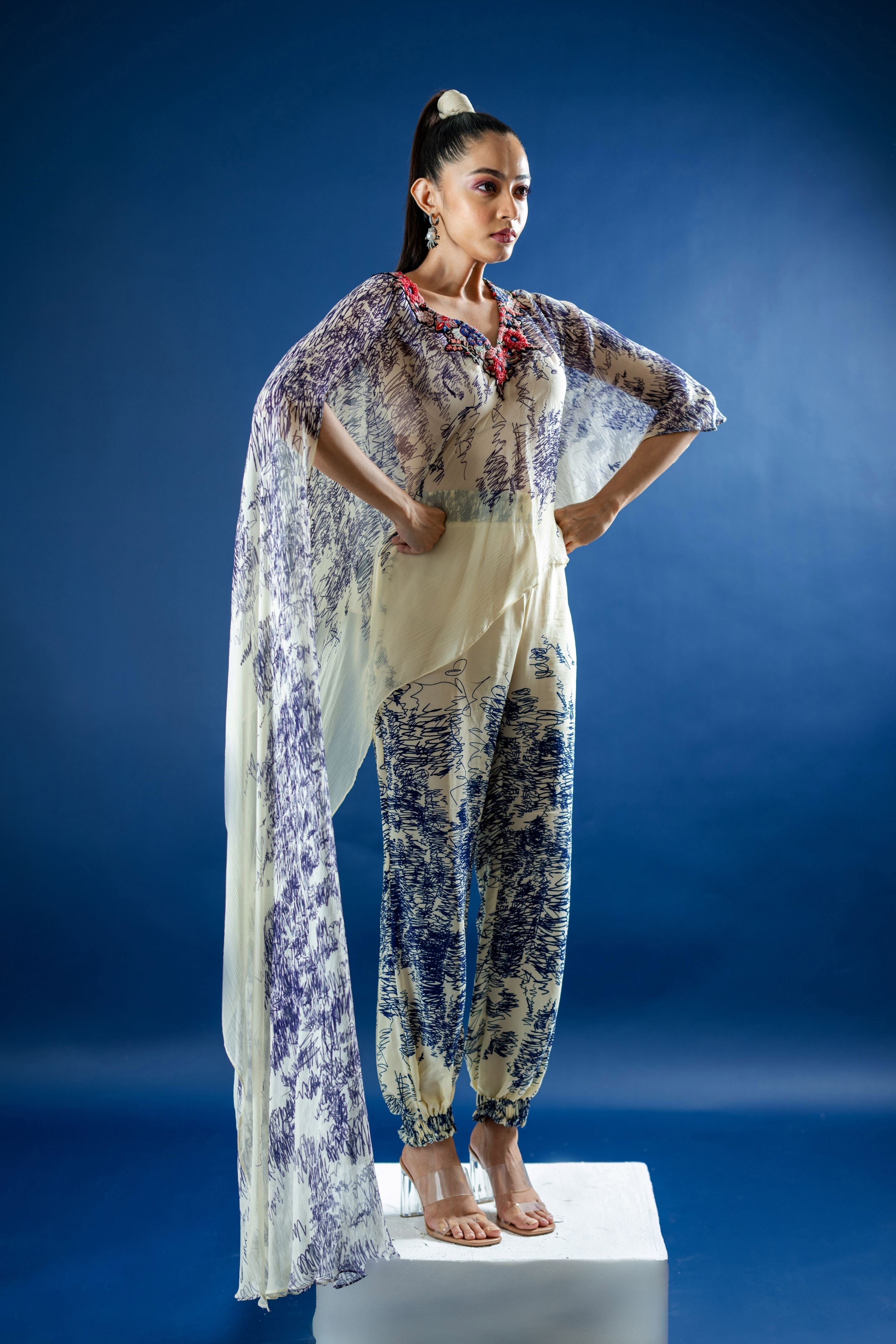 Assymetric Cape Style Top With Bustier And Pants