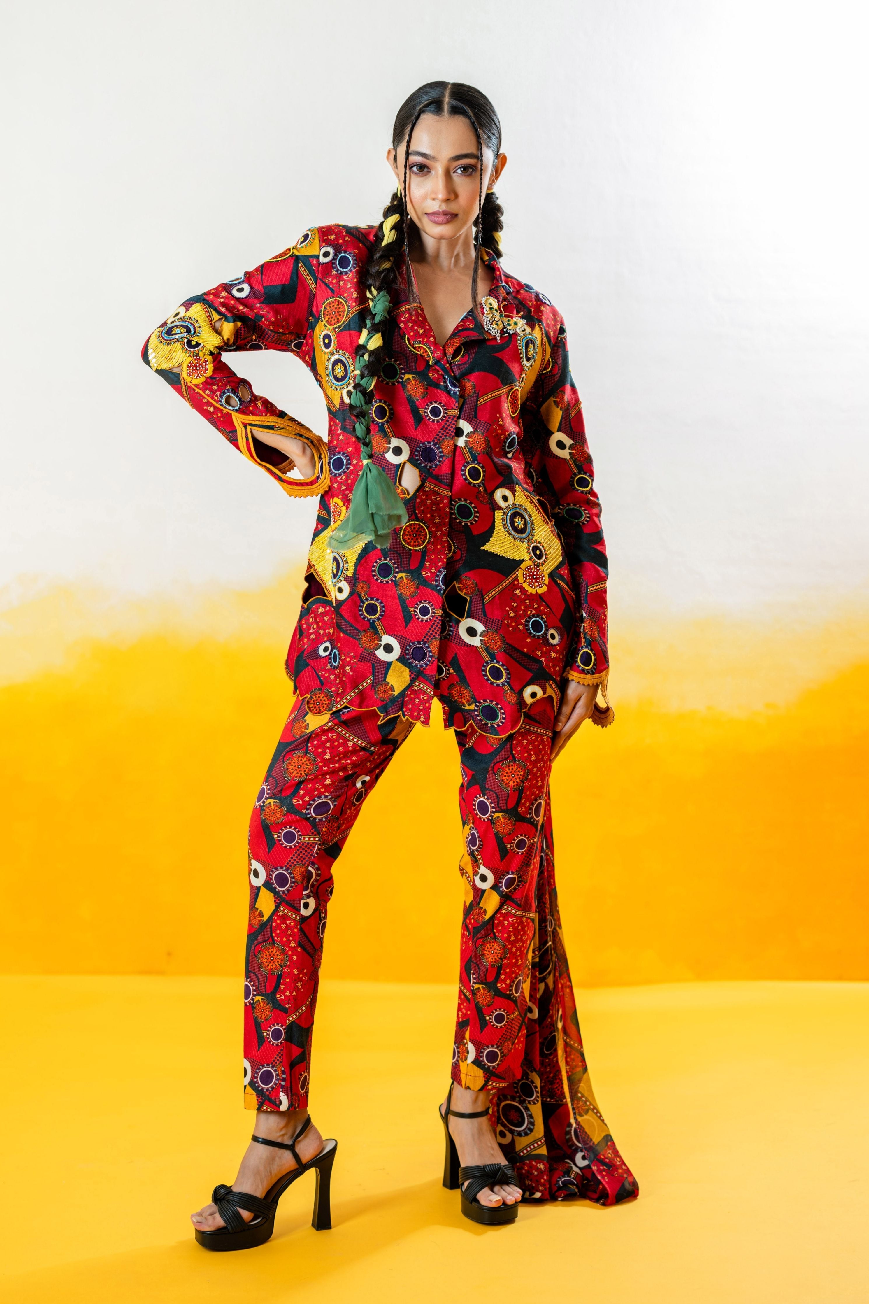 Printed Embroidered Pant Suit With Detachable Saree Drape